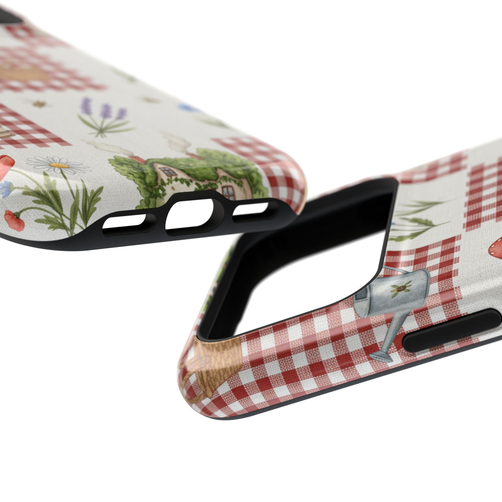 Red Gingham Check Phone Case Rustic Farmhouse Theme Watercolor Countryside Print Whimsical Floral Cell Phone Cover