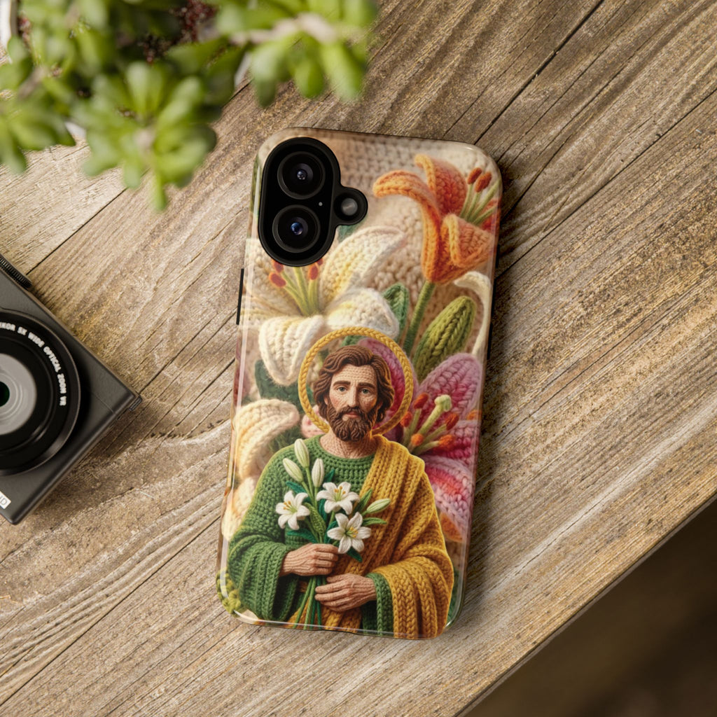 Phone Case Saint Joseph Lilies Design Holy Figure Phone Cover Faith Based Faux Yarn Saint of Workers Gift Samsung iPhone Pixel Models