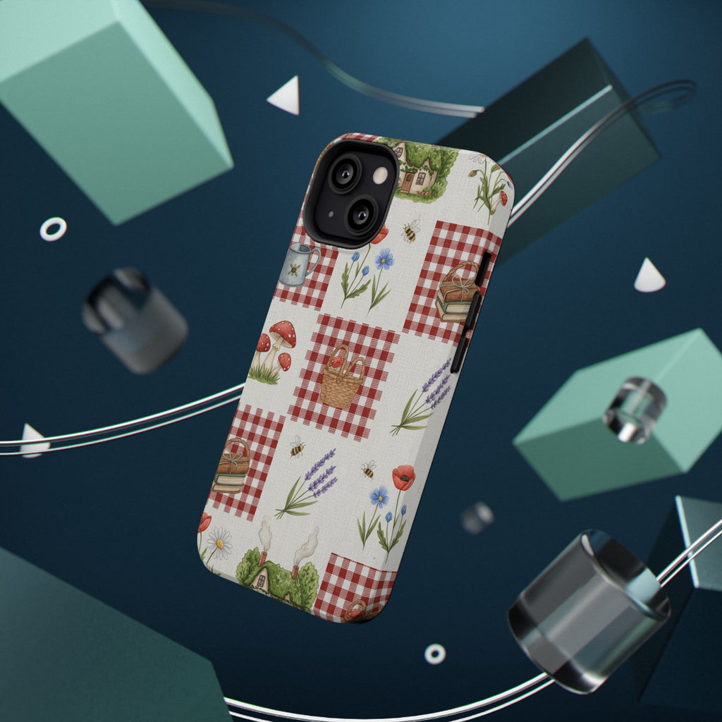 Red Gingham Check Phone Case Rustic Farmhouse Theme Watercolor Countryside Print Whimsical Floral Cell Phone Cover