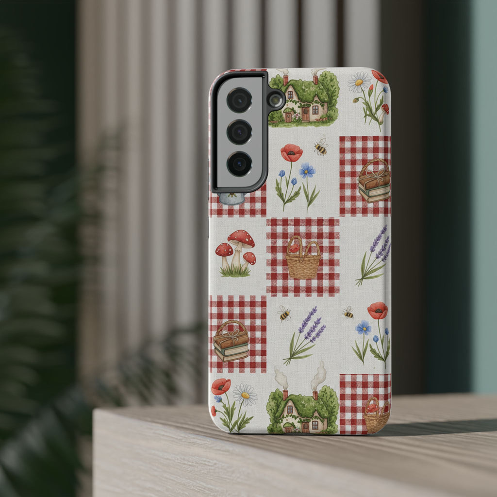 Red Gingham Check Phone Case Rustic Farmhouse Theme Watercolor Countryside Print Whimsical Floral Cell Phone Cover