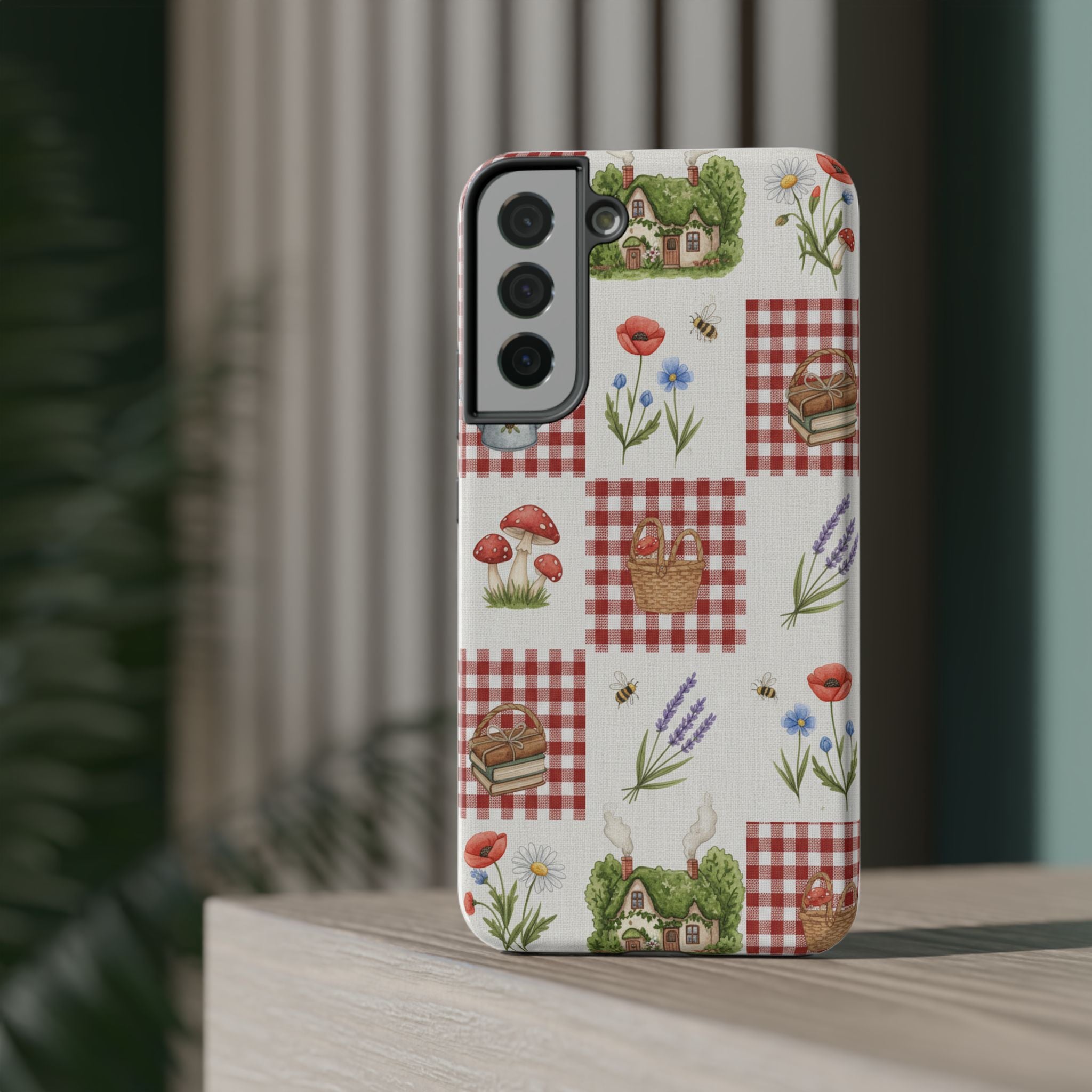 Red Gingham Check Phone Case Rustic Farmhouse Theme Watercolor Countryside Print Whimsical Floral Cell Phone Cover