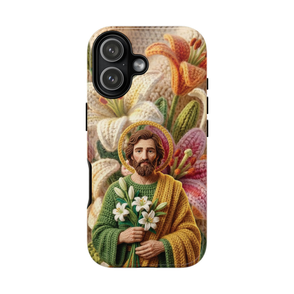 Phone Case Saint Joseph Lilies Design Holy Figure Phone Cover Faith Based Faux Yarn Saint of Workers Gift Samsung iPhone Pixel Models