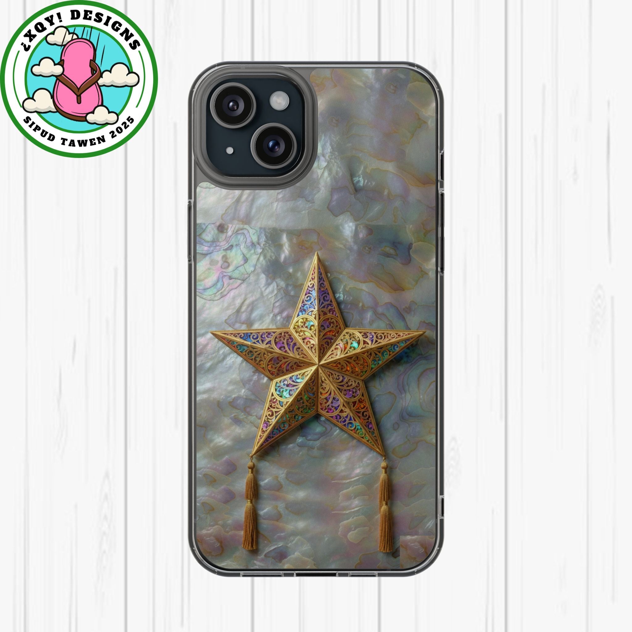 Golden Star Ornament Phone Case Mother of Pearl Background Nacre Texture Festive Celestial Decor Parol Inspired Shimmering Pearl Shell Gift