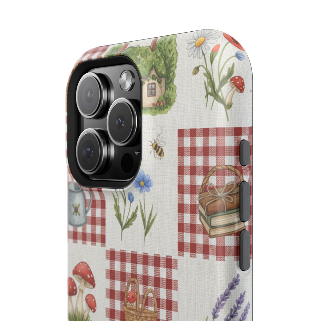 Red Gingham Check Phone Case Rustic Farmhouse Theme Watercolor Countryside Print Whimsical Floral Cell Phone Cover