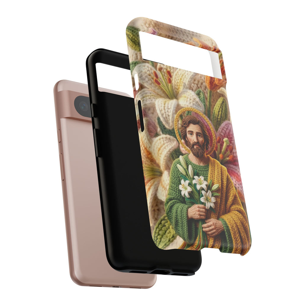 Phone Case Saint Joseph Lilies Design Holy Figure Phone Cover Faith Based Faux Yarn Saint of Workers Gift Samsung iPhone Pixel Models