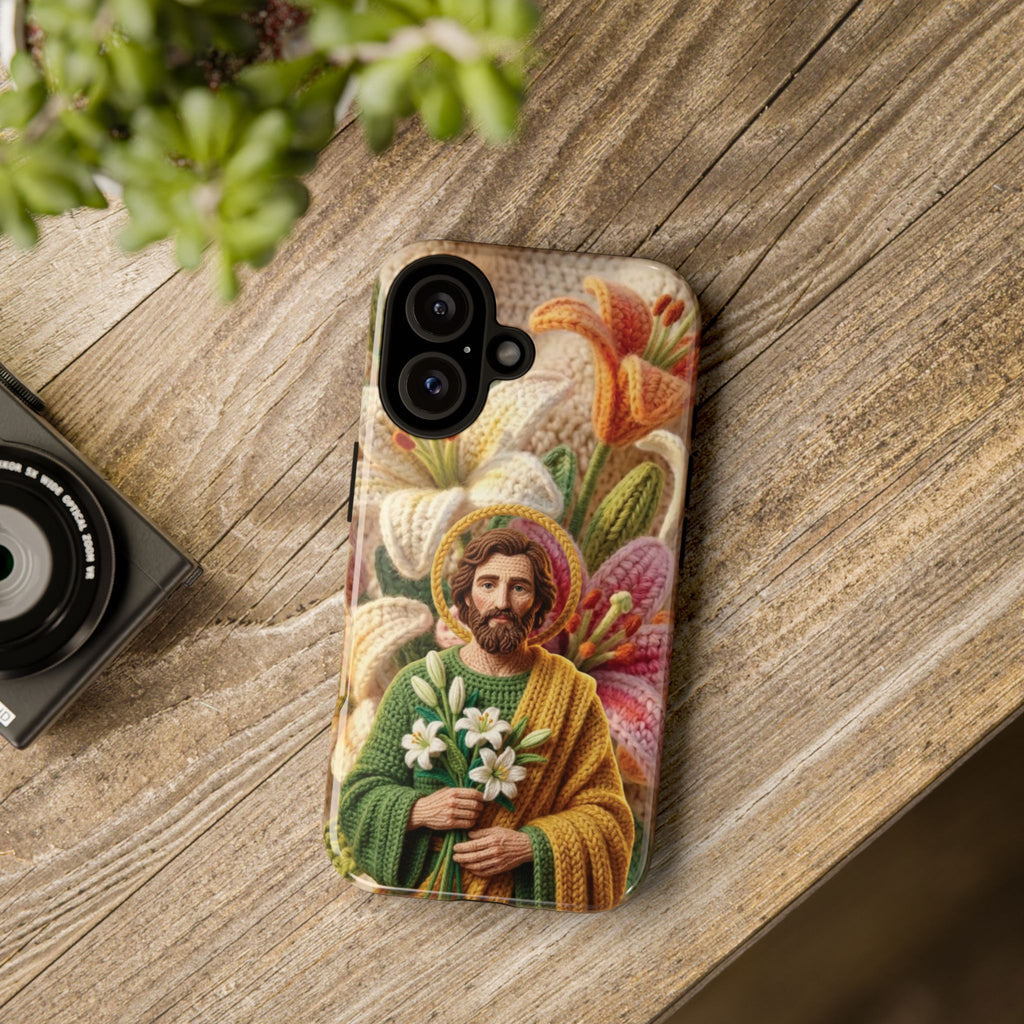 Phone Case Saint Joseph Lilies Design Holy Figure Phone Cover Faith Based Faux Yarn Saint of Workers Gift Samsung iPhone Pixel Models
