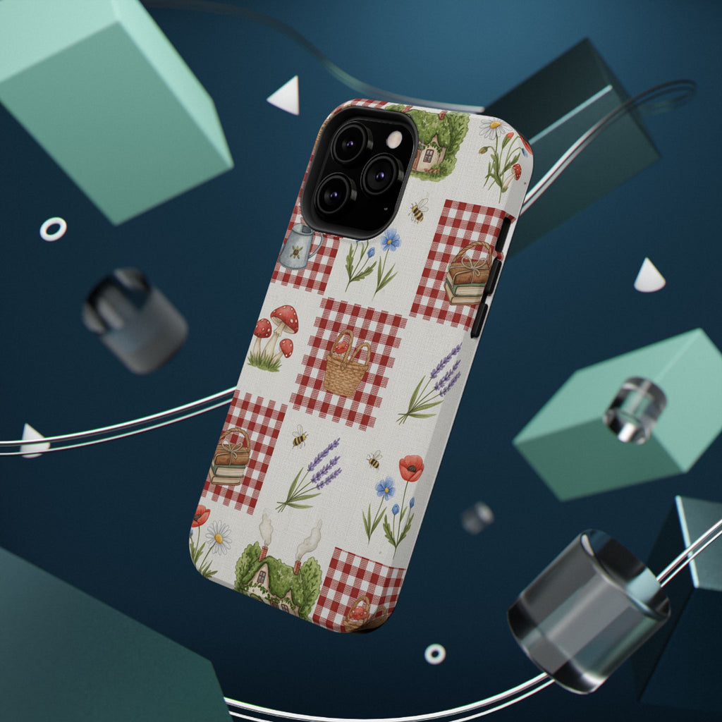 Red Gingham Check Phone Case Rustic Farmhouse Theme Watercolor Countryside Print Whimsical Floral Cell Phone Cover