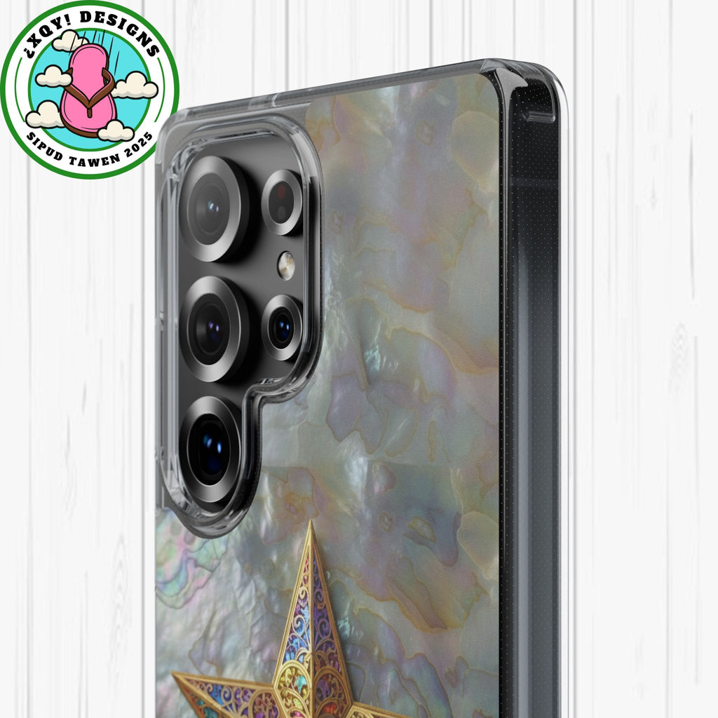 Golden Star Ornament Phone Case Mother of Pearl Background Nacre Texture Festive Celestial Decor Parol Inspired Shimmering Pearl Shell Gift