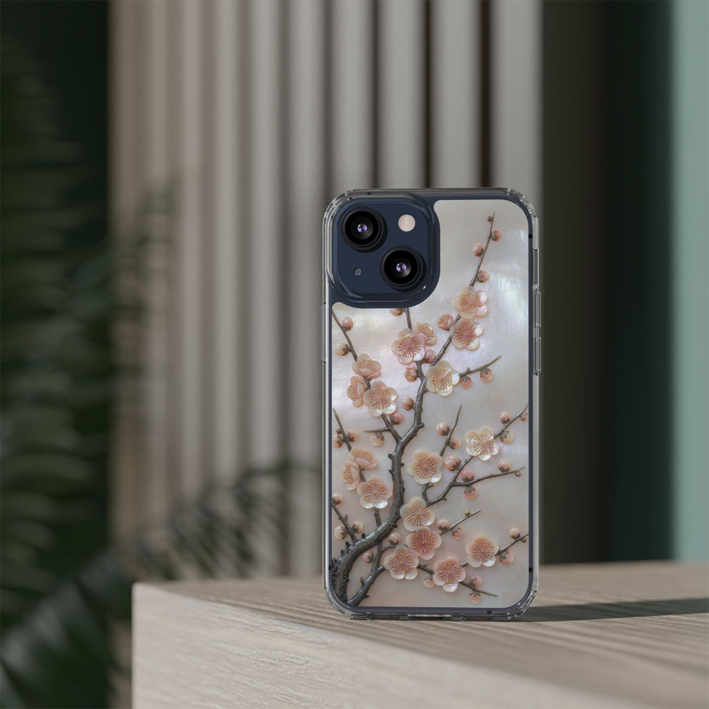 Mother of Pearl Plum Blossom Art Phone Case Nacre Flower Wall Decor Design Iridescent Shell Art Inlay Shimmering Spring Panel Floral Cover