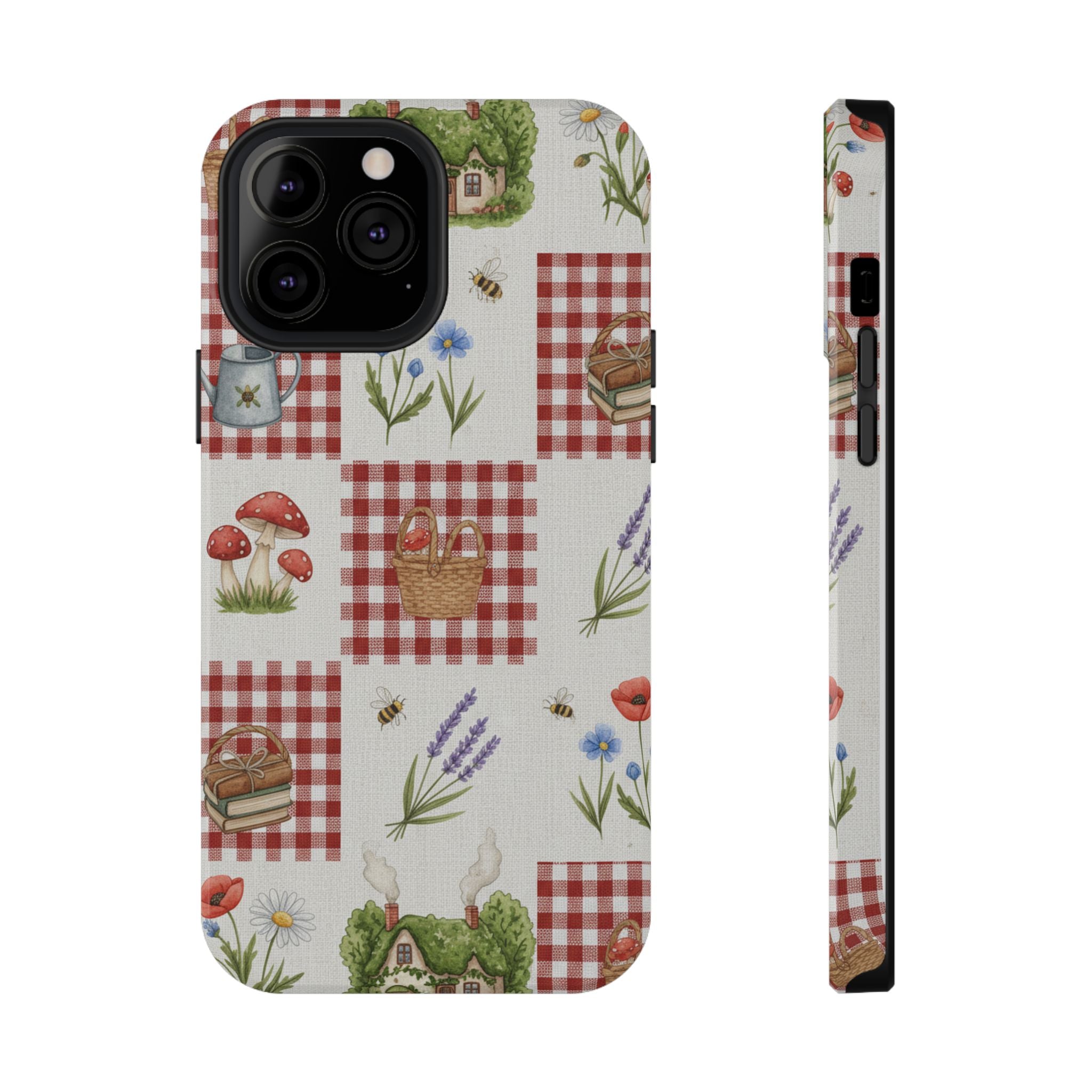 Red Gingham Check Phone Case Rustic Farmhouse Theme Watercolor Countryside Print Whimsical Floral Cell Phone Cover