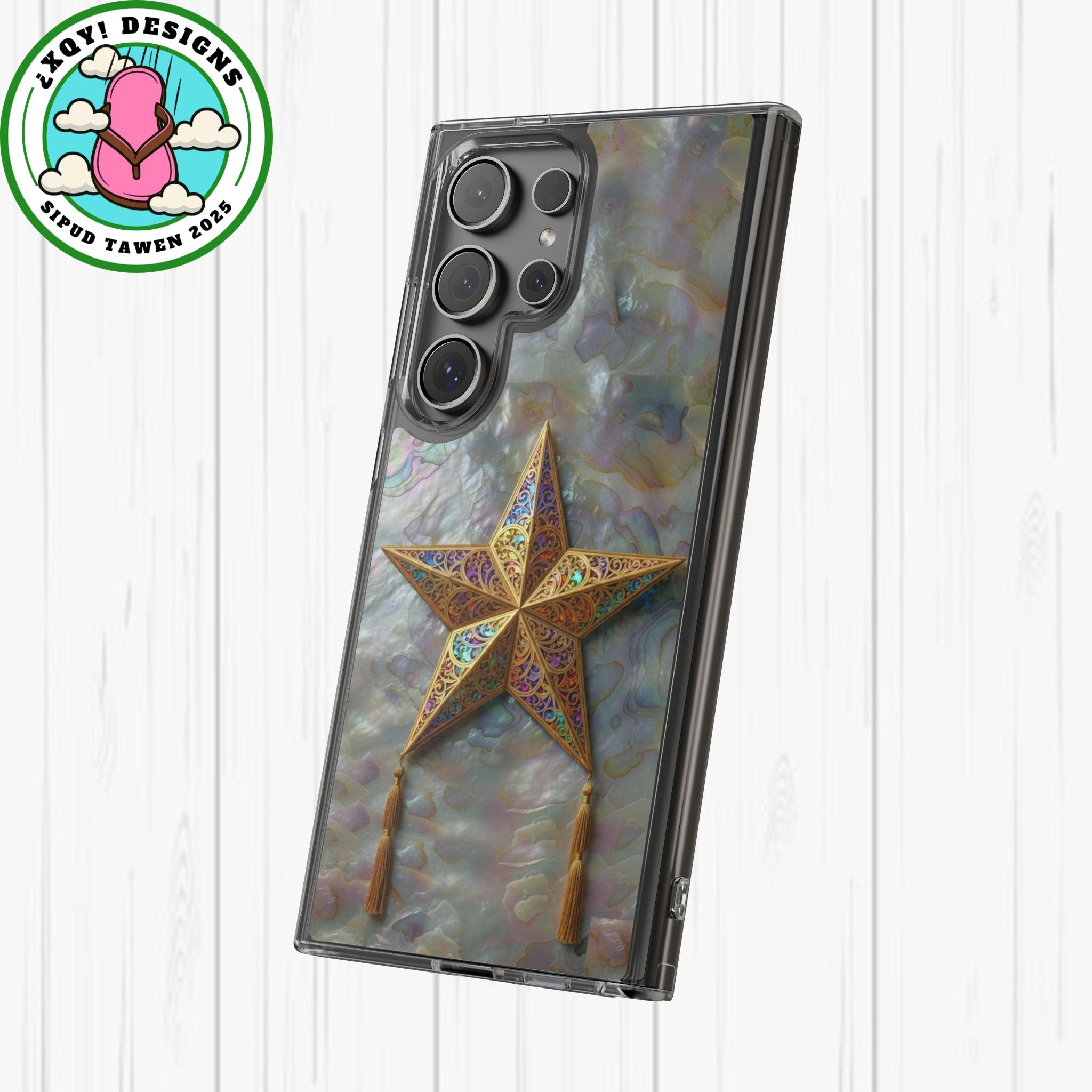 Golden Star Ornament Phone Case Mother of Pearl Background Nacre Texture Festive Celestial Decor Parol Inspired Shimmering Pearl Shell Gift