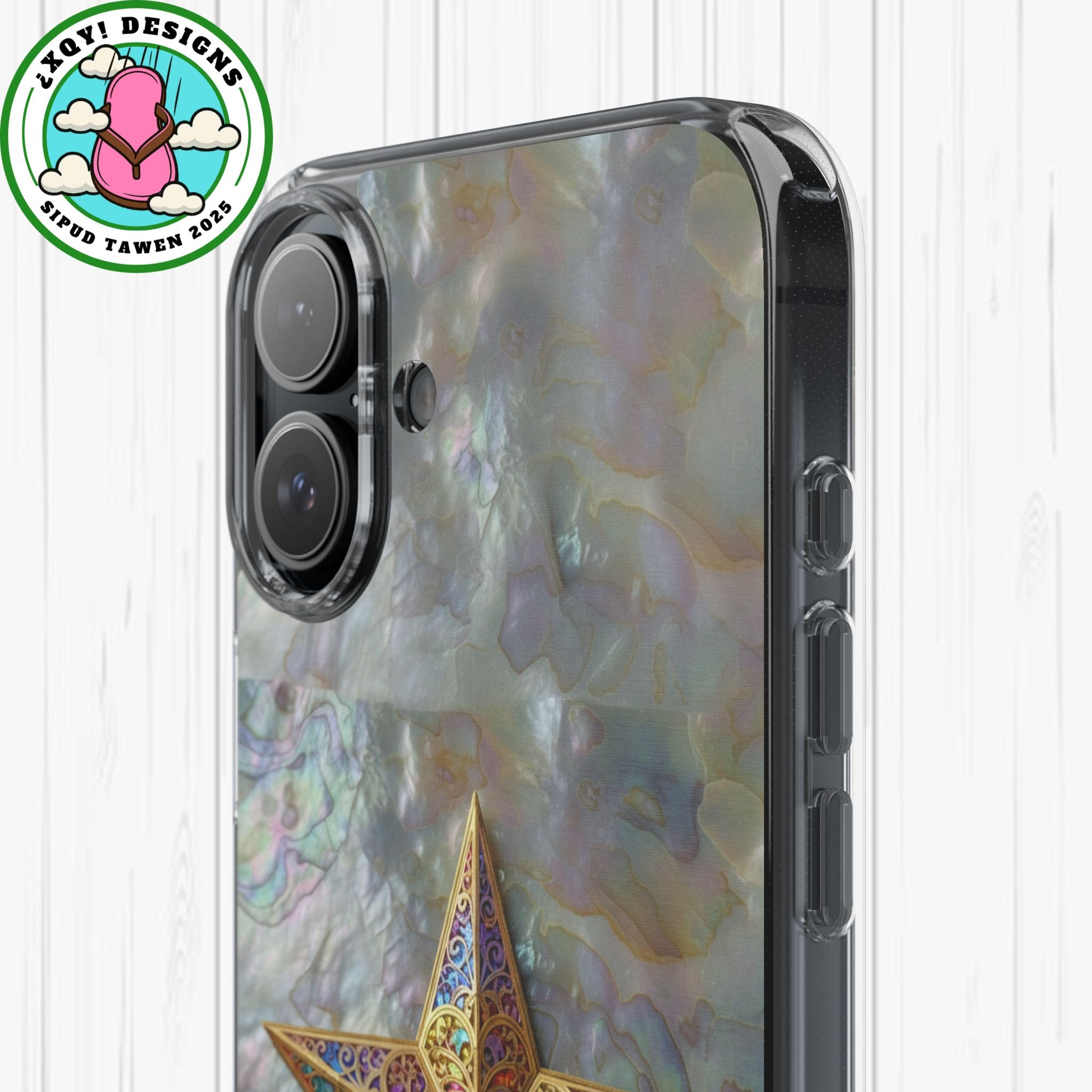 Golden Star Ornament Phone Case Mother of Pearl Background Nacre Texture Festive Celestial Decor Parol Inspired Shimmering Pearl Shell Gift