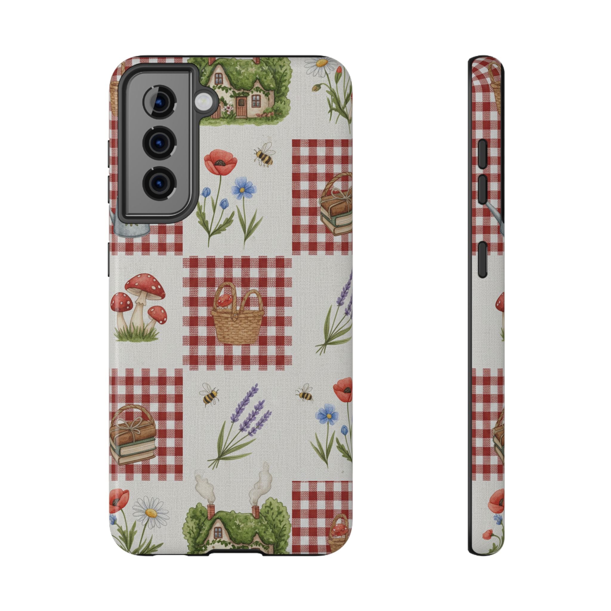 Red Gingham Check Phone Case Rustic Farmhouse Theme Watercolor Countryside Print Whimsical Floral Cell Phone Cover