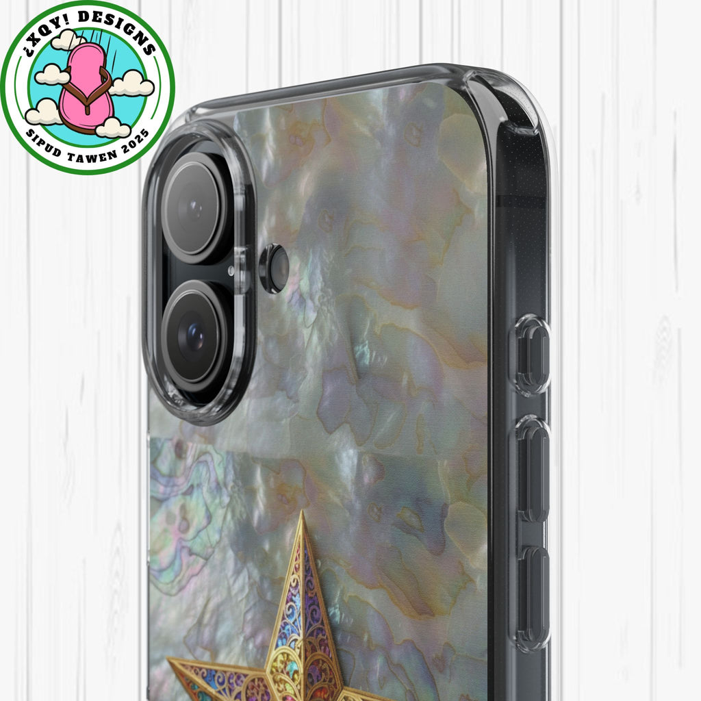 Golden Star Ornament Phone Case Mother of Pearl Background Nacre Texture Festive Celestial Decor Parol Inspired Shimmering Pearl Shell Gift