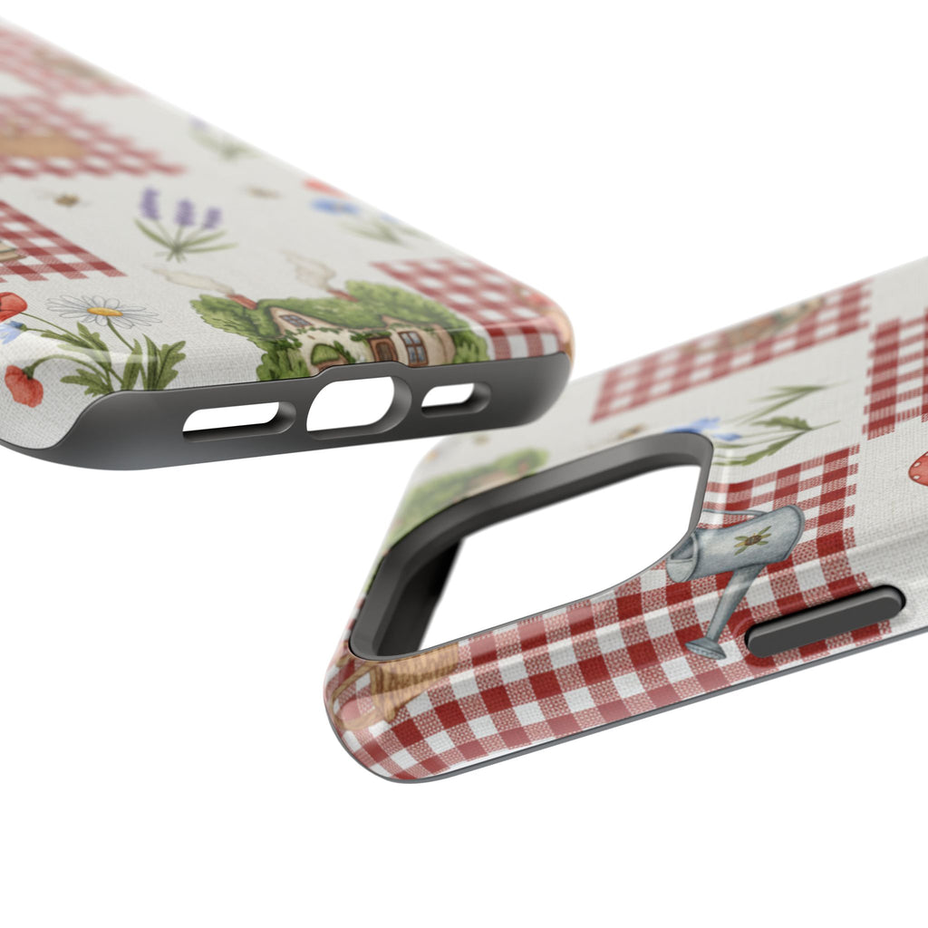 Red Gingham Check Phone Case Rustic Farmhouse Theme Watercolor Countryside Print Whimsical Floral Cell Phone Cover