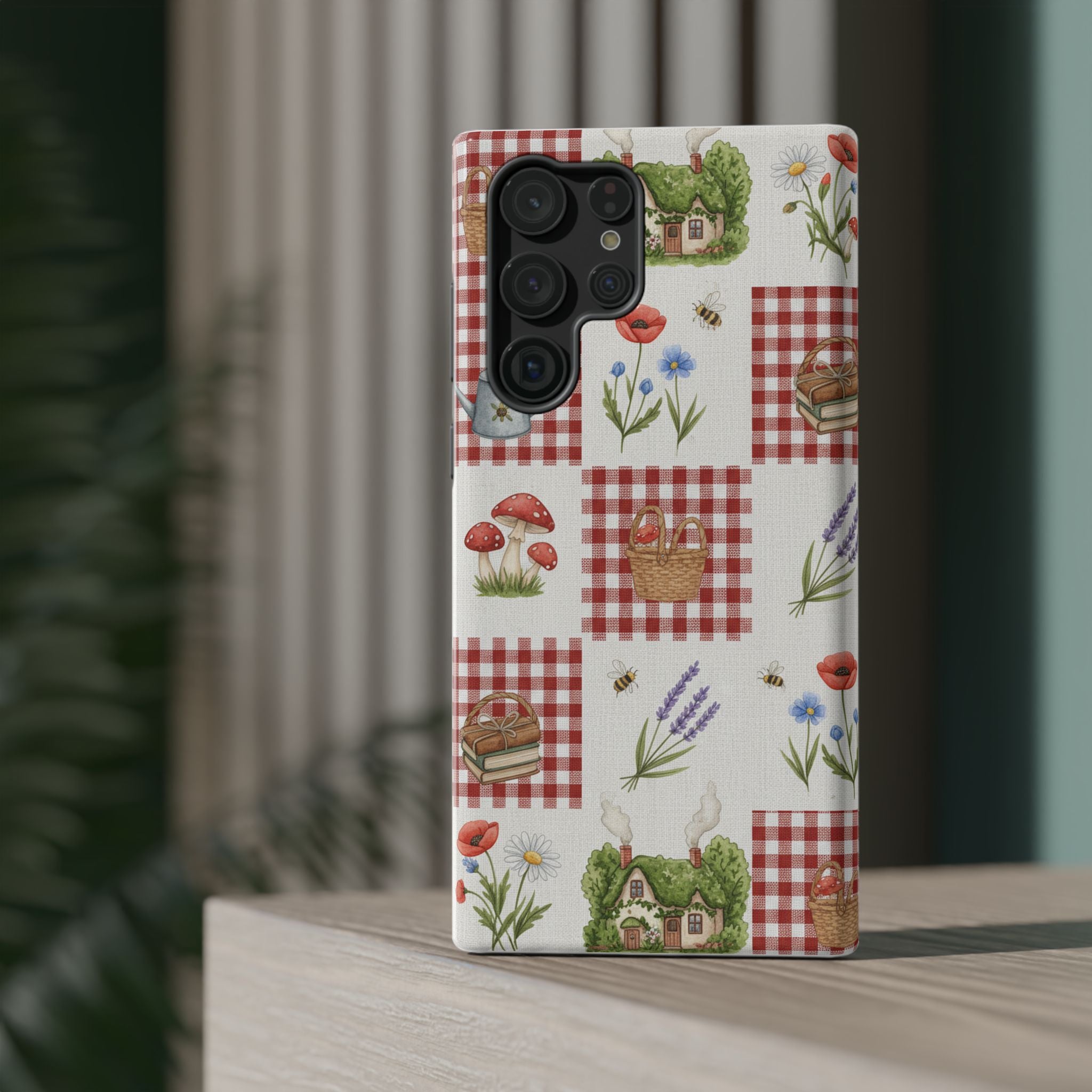 Red Gingham Check Phone Case Rustic Farmhouse Theme Watercolor Countryside Print Whimsical Floral Cell Phone Cover