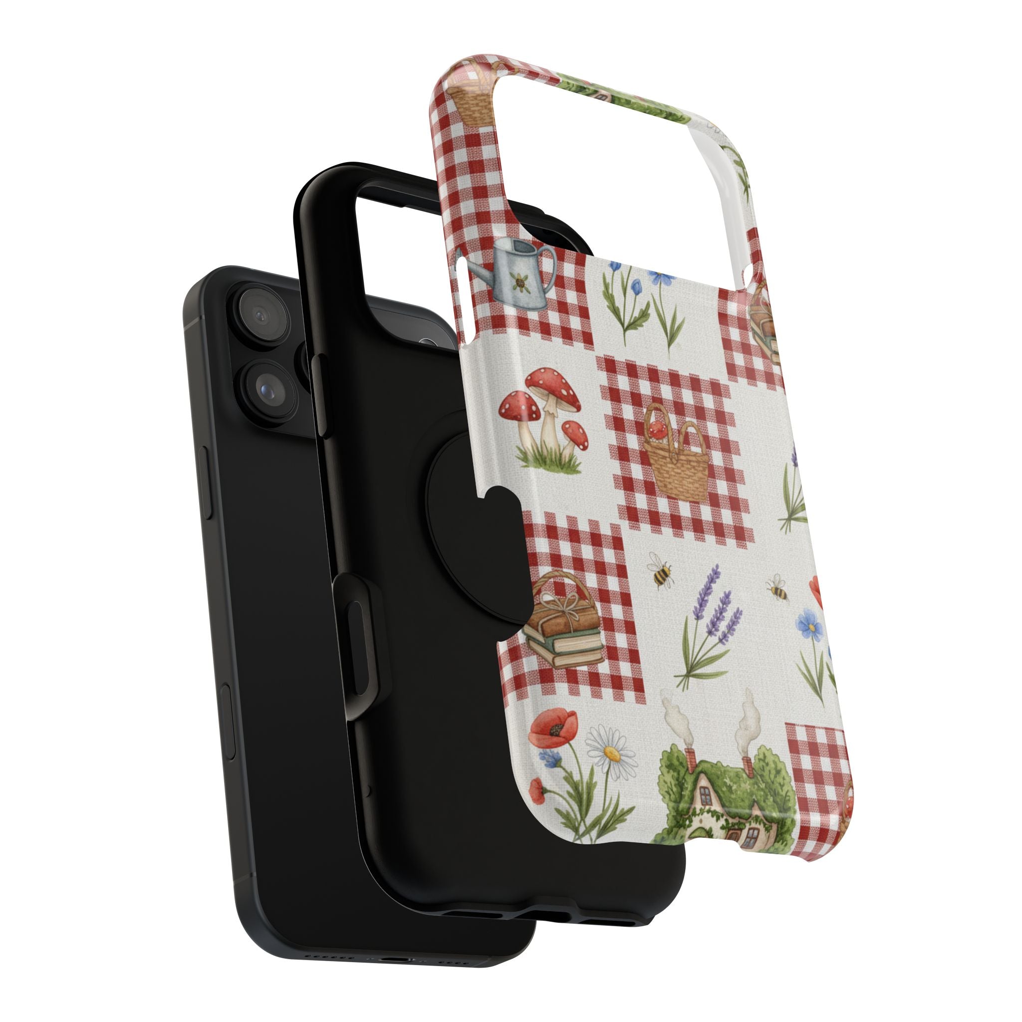 Red Gingham Check Phone Case Rustic Farmhouse Theme Watercolor Countryside Print Whimsical Floral Cell Phone Cover