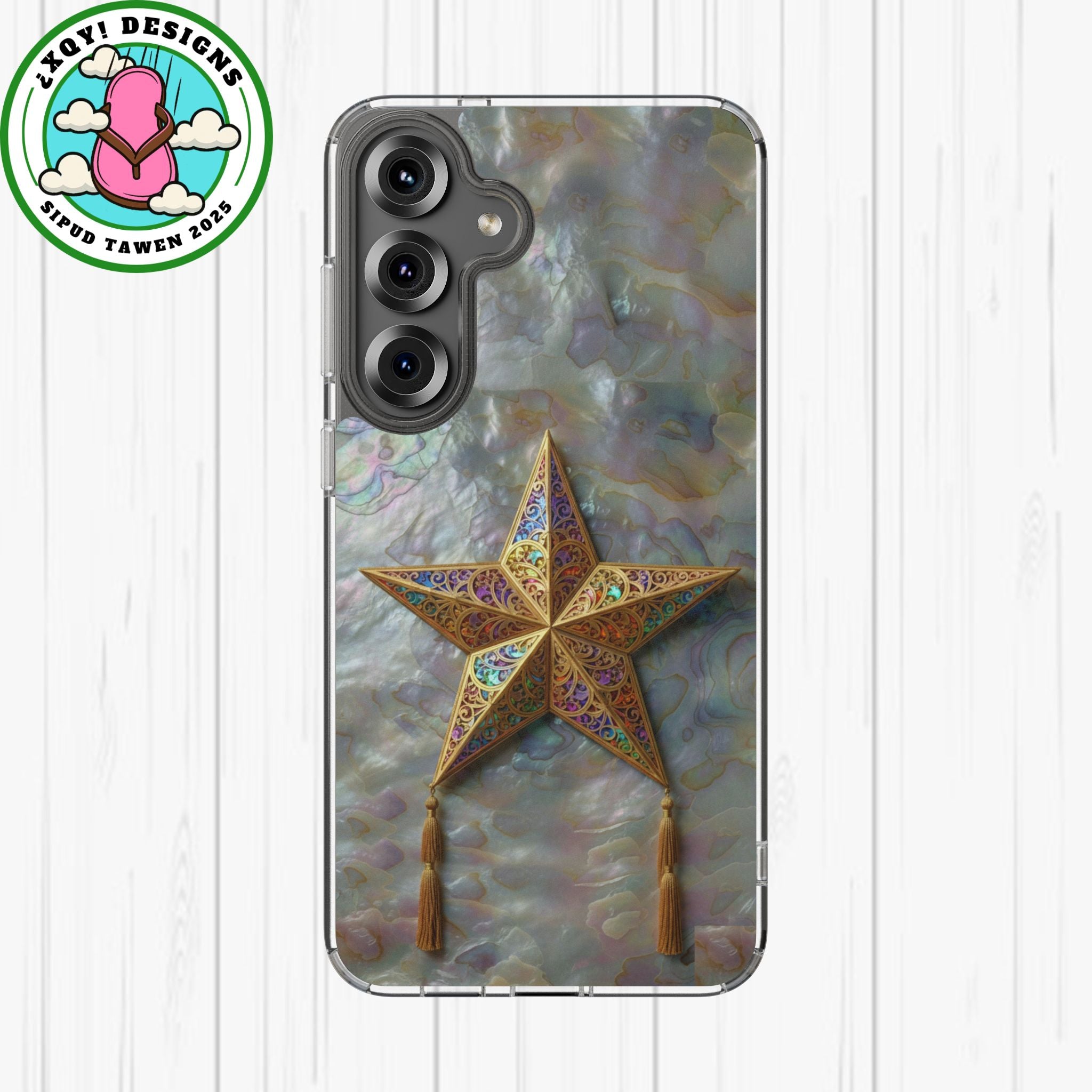Golden Star Ornament Phone Case Mother of Pearl Background Nacre Texture Festive Celestial Decor Parol Inspired Shimmering Pearl Shell Gift