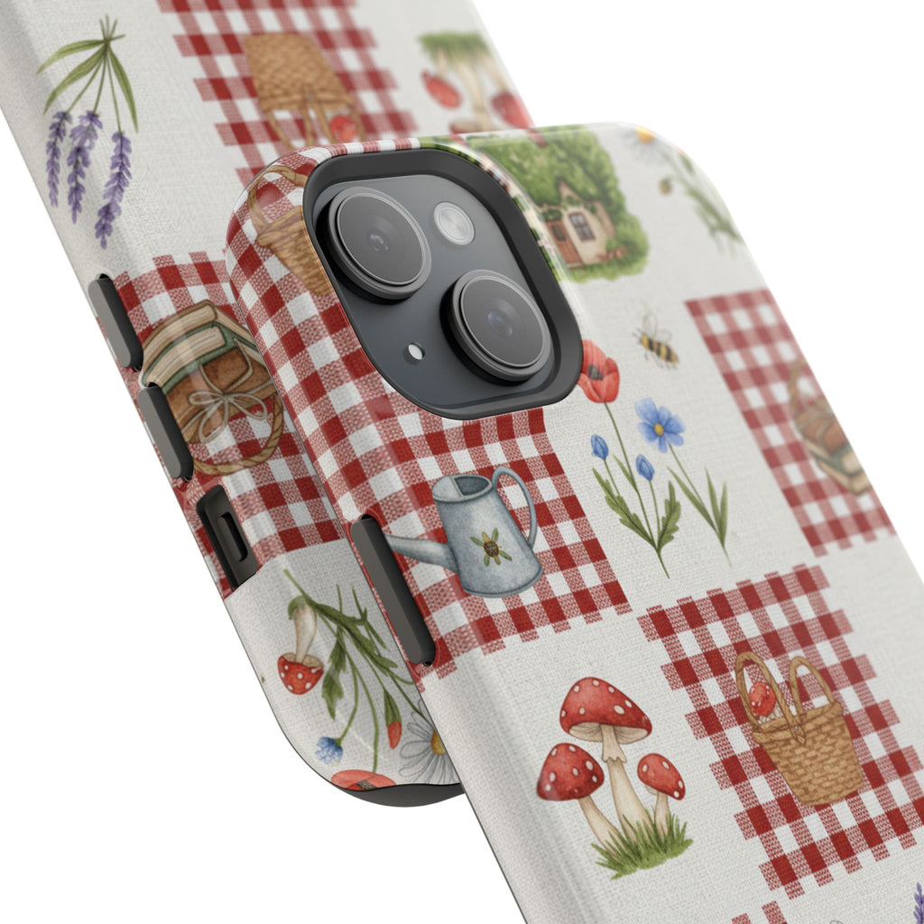 Red Gingham Check Phone Case Rustic Farmhouse Theme Watercolor Countryside Print Whimsical Floral Cell Phone Cover
