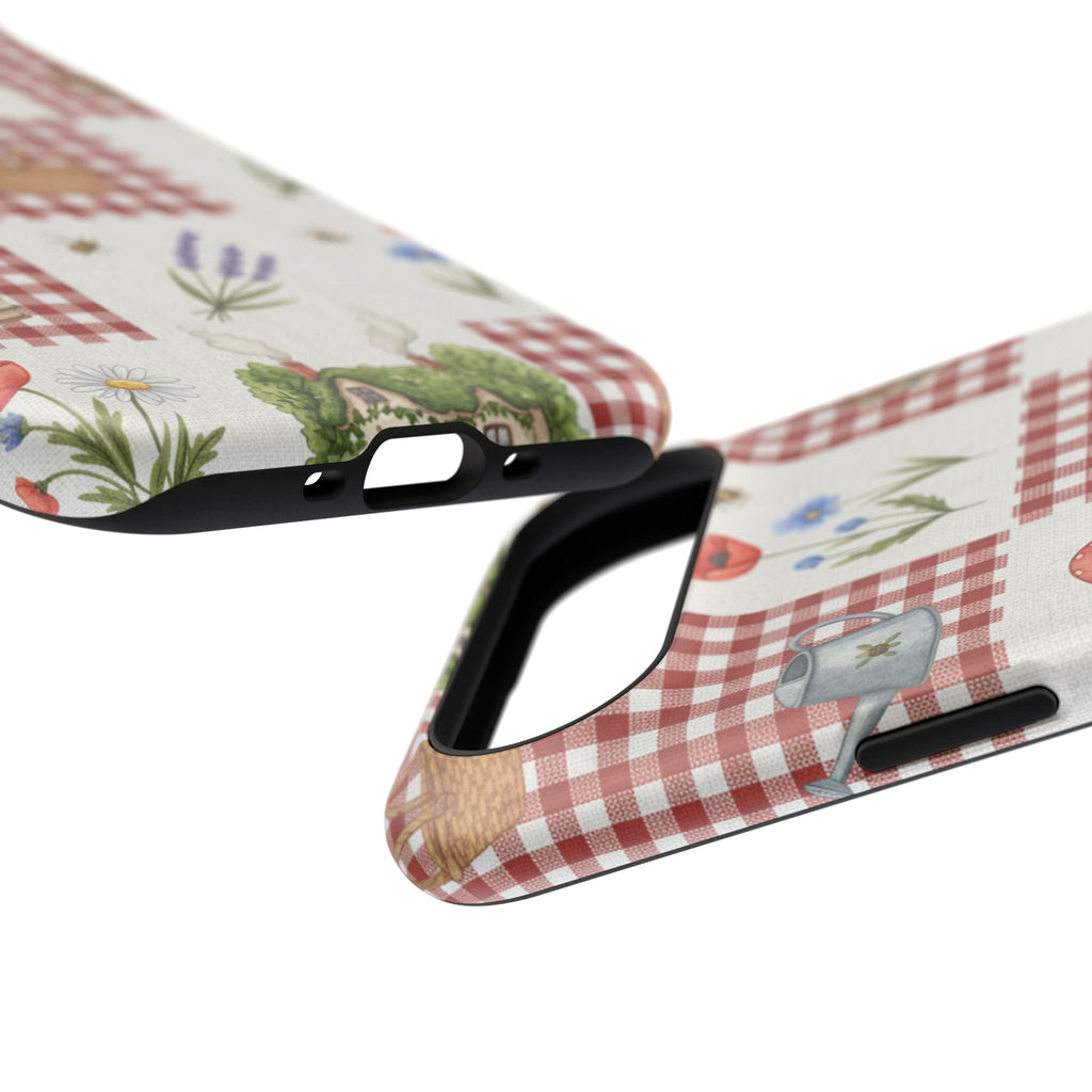Red Gingham Check Phone Case Rustic Farmhouse Theme Watercolor Countryside Print Whimsical Floral Cell Phone Cover