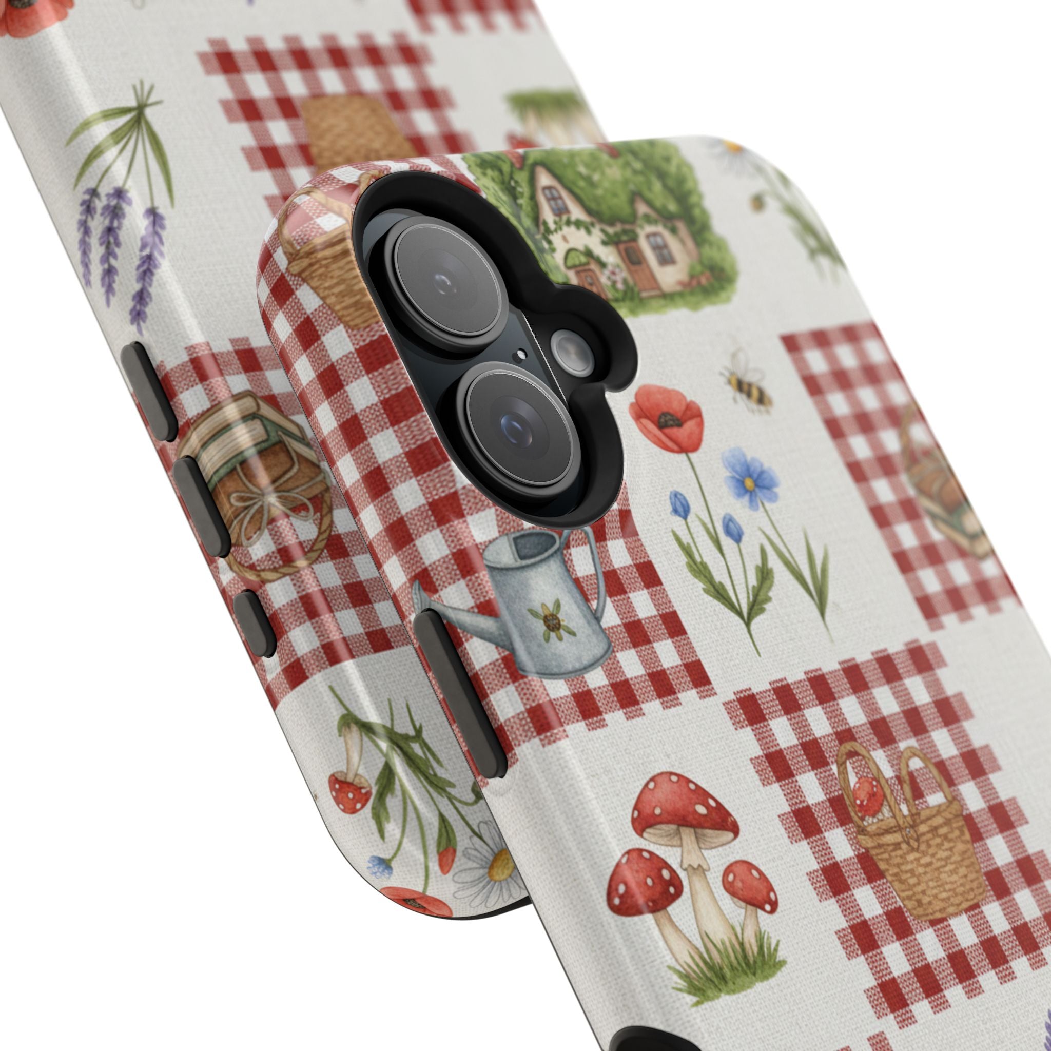 Red Gingham Check Phone Case Rustic Farmhouse Theme Watercolor Countryside Print Whimsical Floral Cell Phone Cover