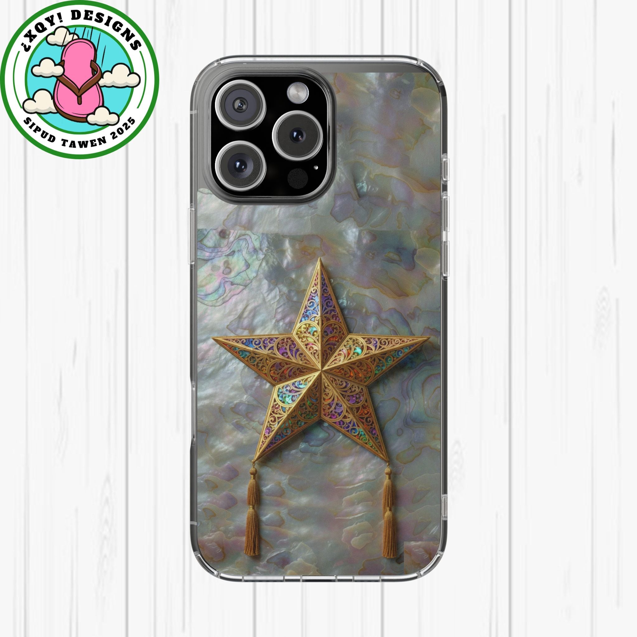 Golden Star Ornament Phone Case Mother of Pearl Background Nacre Texture Festive Celestial Decor Parol Inspired Shimmering Pearl Shell Gift