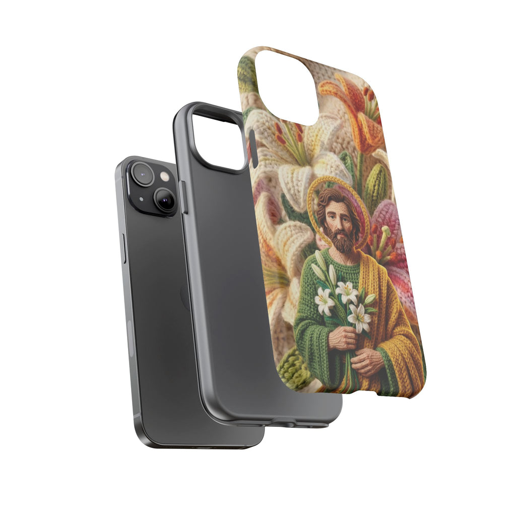 Phone Case Saint Joseph Lilies Design Holy Figure Phone Cover Faith Based Faux Yarn Saint of Workers Gift Samsung iPhone Pixel Models