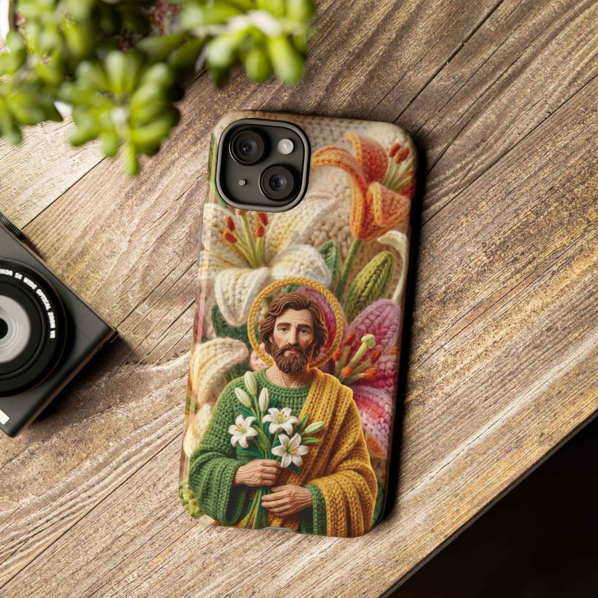 Phone Case Saint Joseph Lilies Design Holy Figure Phone Cover Faith Based Faux Yarn Saint of Workers Gift Samsung iPhone Pixel Models
