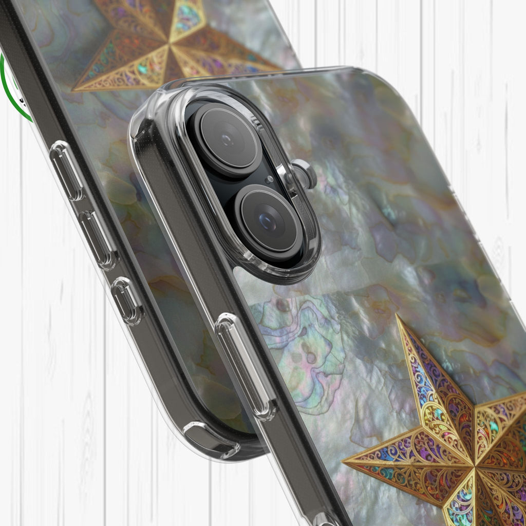 Golden Star Ornament Phone Case Mother of Pearl Background Nacre Texture Festive Celestial Decor Parol Inspired Shimmering Pearl Shell Gift