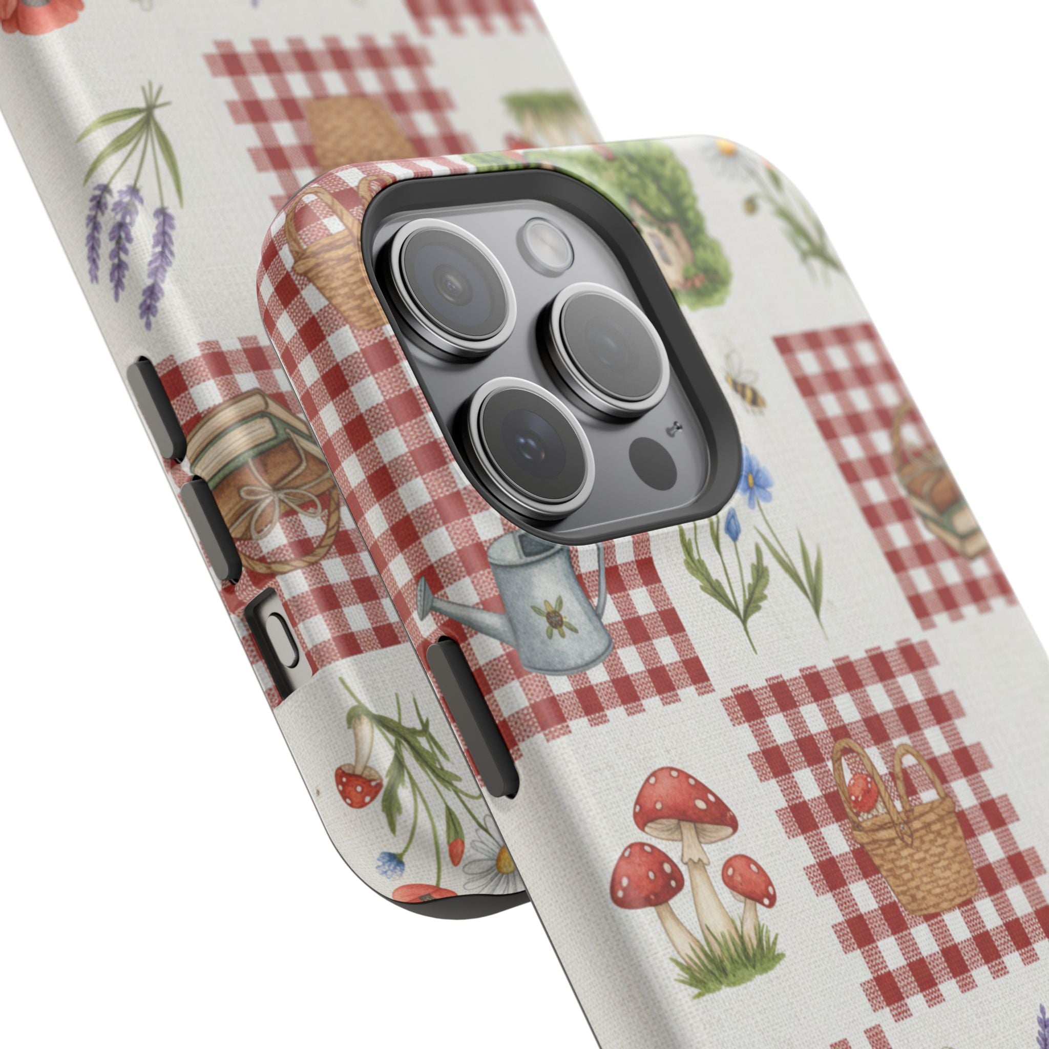 Red Gingham Check Phone Case Rustic Farmhouse Theme Watercolor Countryside Print Whimsical Floral Cell Phone Cover