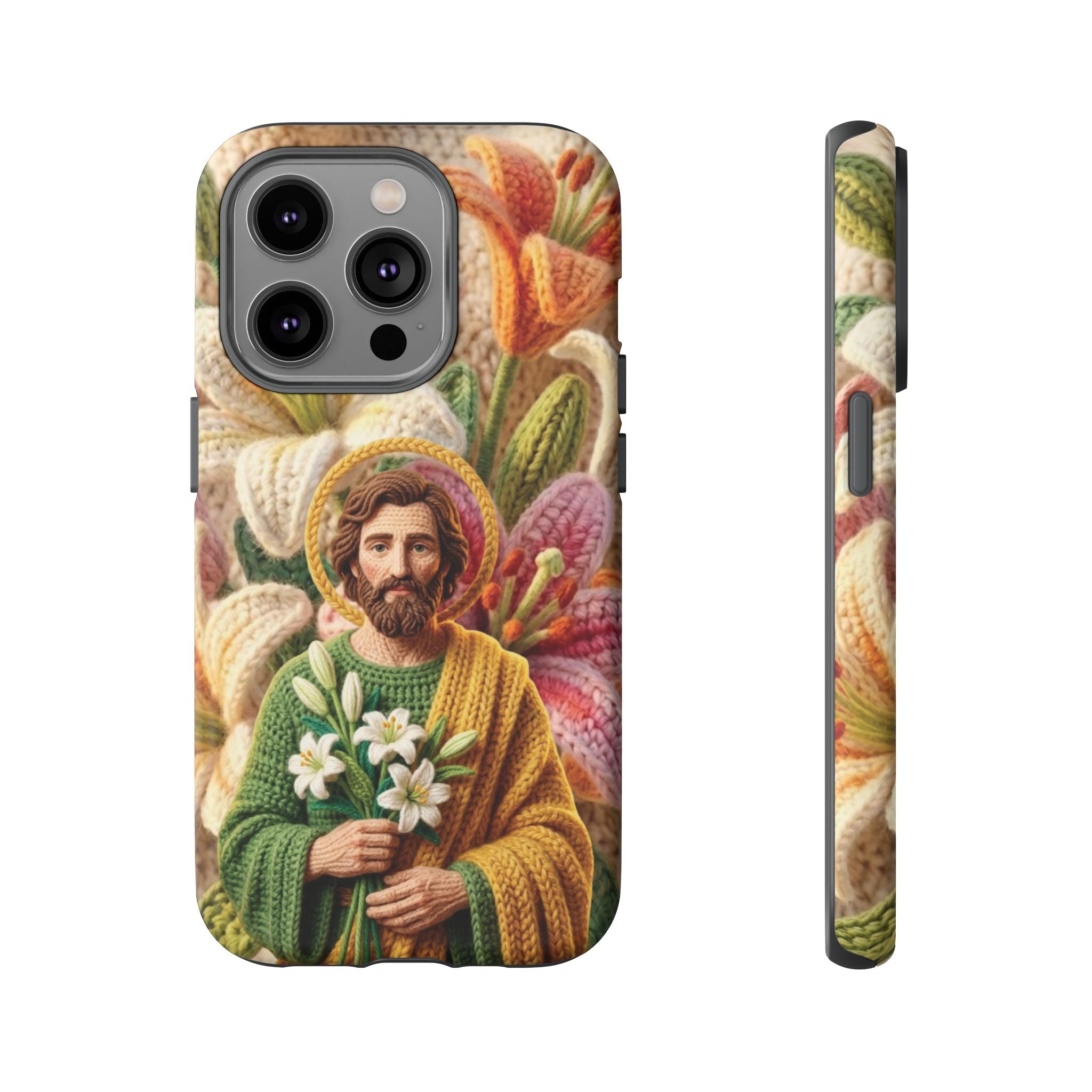 Phone Case Saint Joseph Lilies Design Holy Figure Phone Cover Faith Based Faux Yarn Saint of Workers Gift Samsung iPhone Pixel Models
