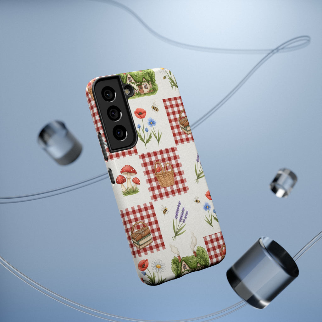 Red Gingham Check Phone Case Rustic Farmhouse Theme Watercolor Countryside Print Whimsical Floral Cell Phone Cover