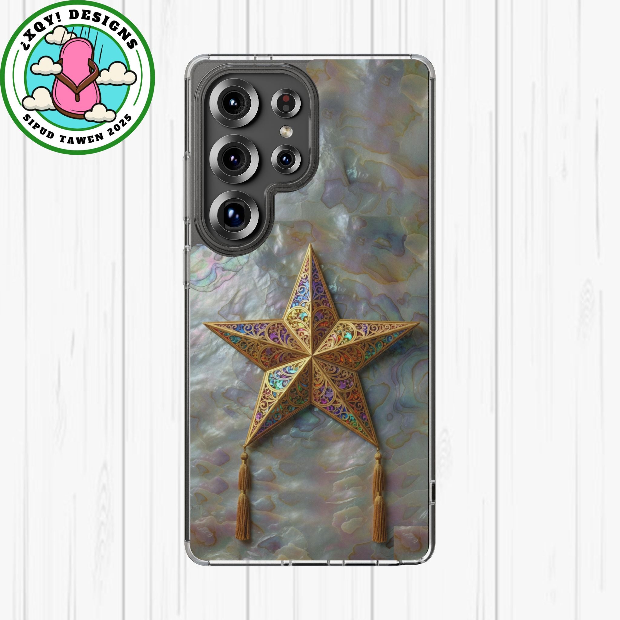 Golden Star Ornament Phone Case Mother of Pearl Background Nacre Texture Festive Celestial Decor Parol Inspired Shimmering Pearl Shell Gift