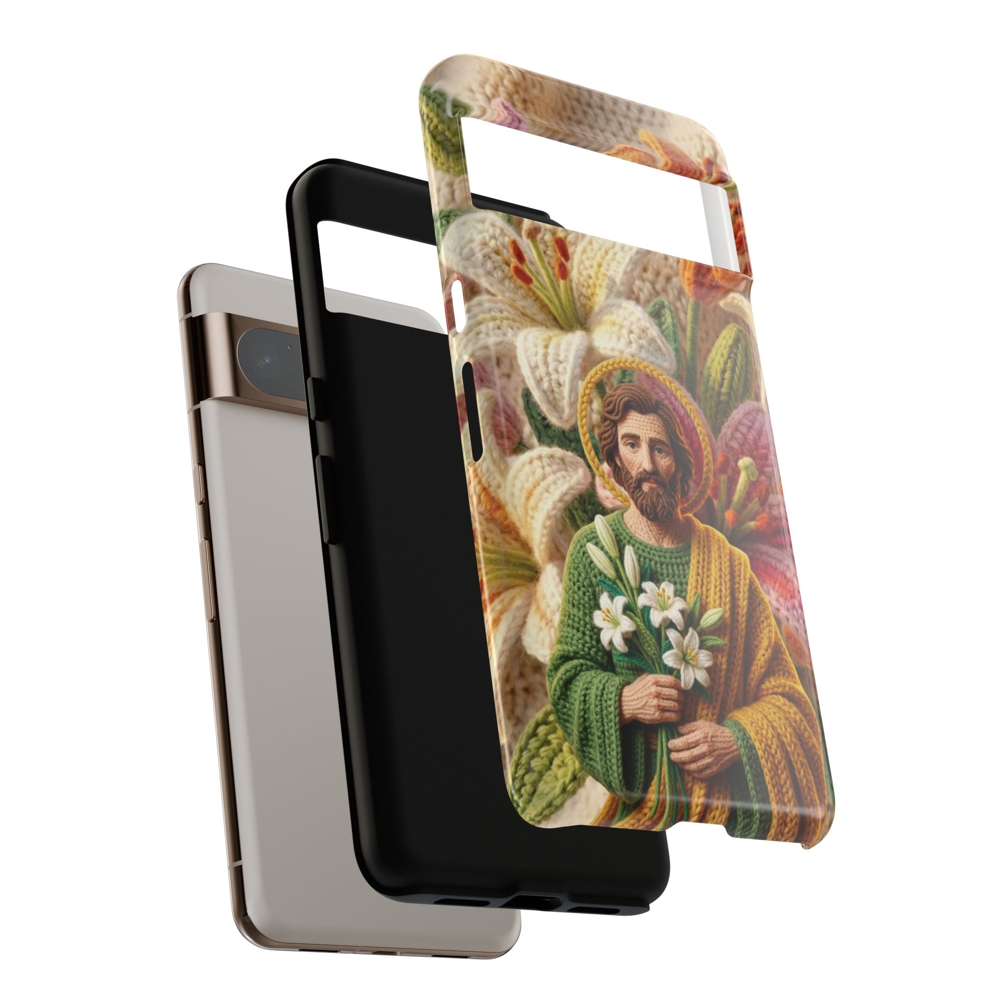 Phone Case Saint Joseph Lilies Design Holy Figure Phone Cover Faith Based Faux Yarn Saint of Workers Gift Samsung iPhone Pixel Models