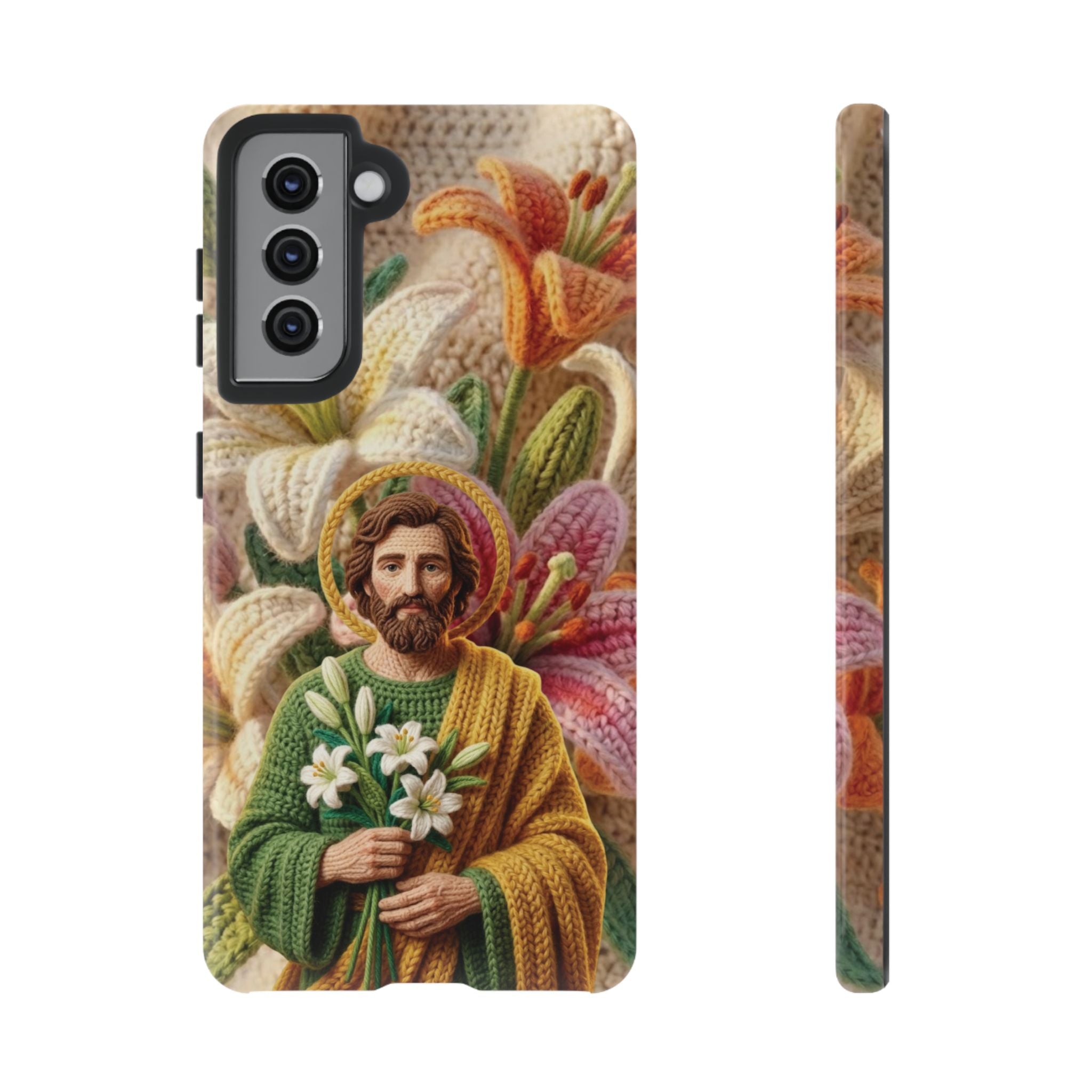 Phone Case Saint Joseph Lilies Design Holy Figure Phone Cover Faith Based Faux Yarn Saint of Workers Gift Samsung iPhone Pixel Models