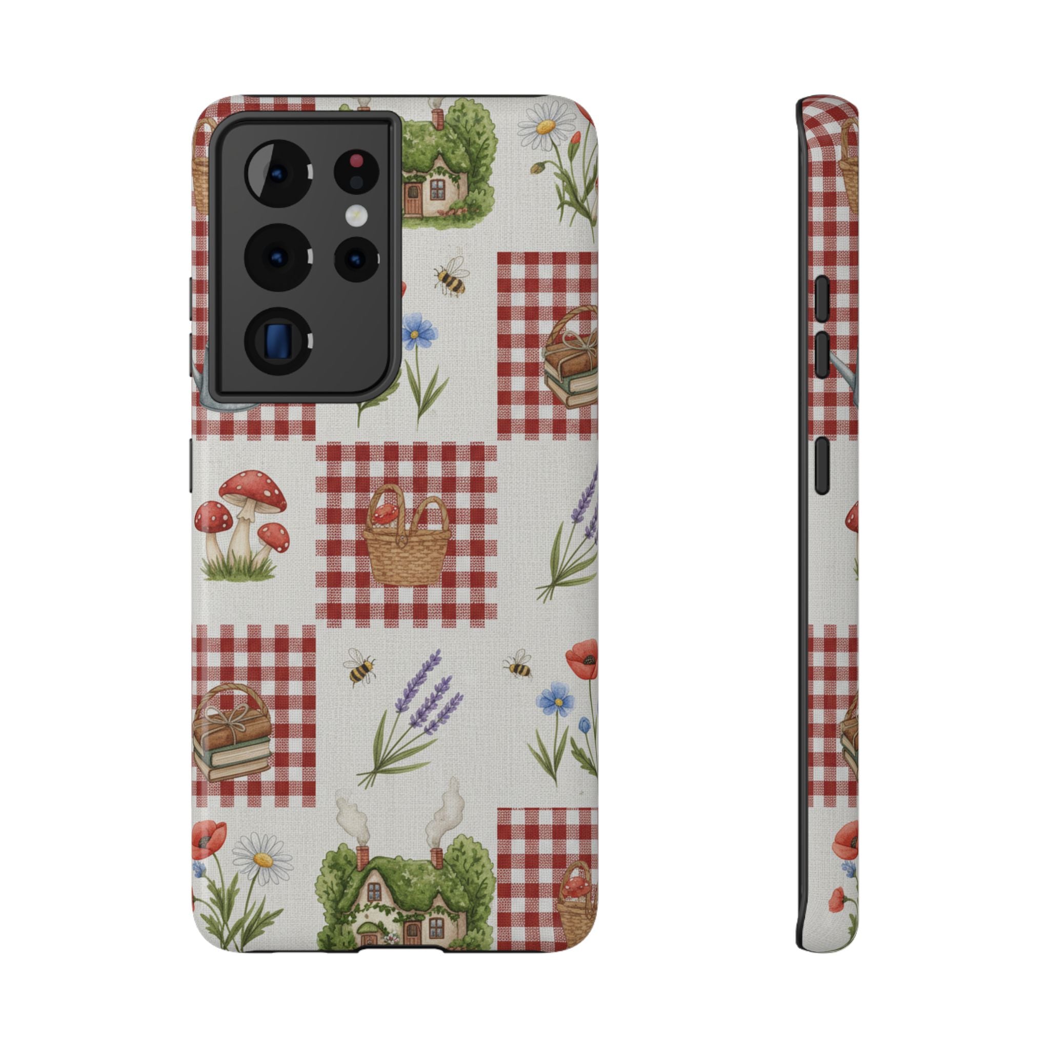 Red Gingham Check Phone Case Rustic Farmhouse Theme Watercolor Countryside Print Whimsical Floral Cell Phone Cover