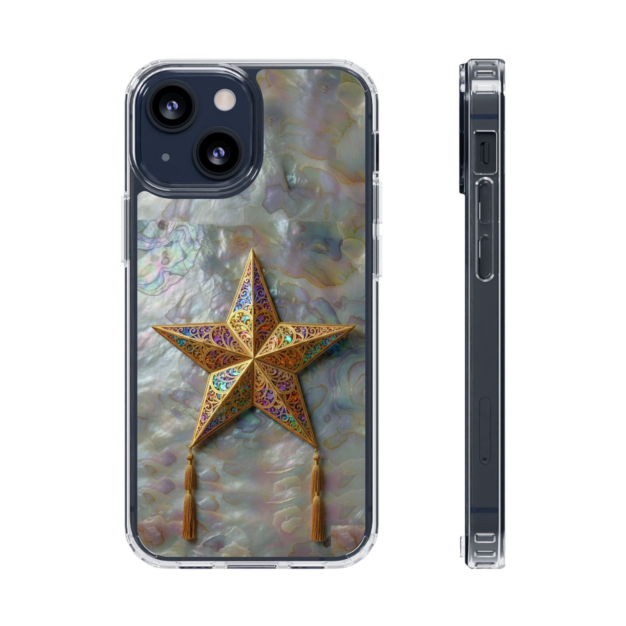 Golden Star Ornament Phone Case Mother of Pearl Background Nacre Texture Festive Celestial Decor Parol Inspired Shimmering Pearl Shell Gift