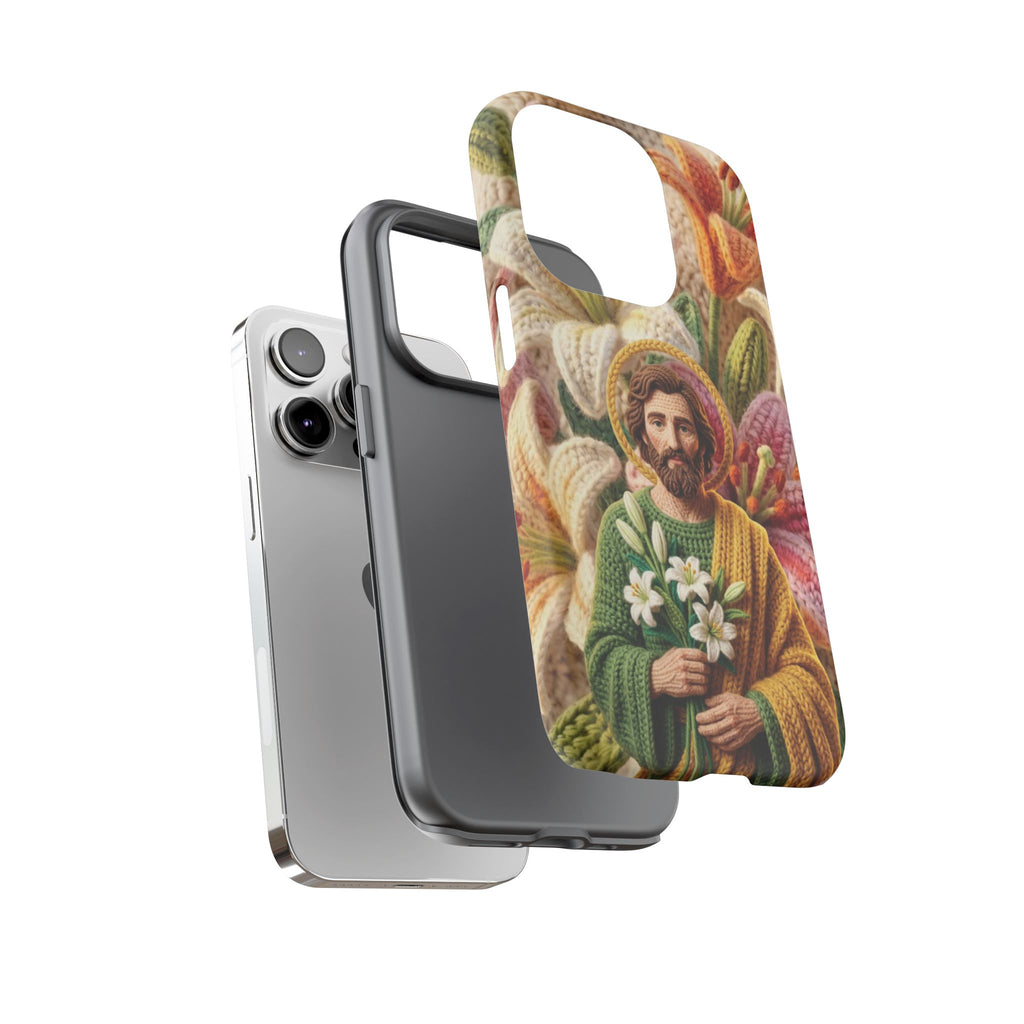 Phone Case Saint Joseph Lilies Design Holy Figure Phone Cover Faith Based Faux Yarn Saint of Workers Gift Samsung iPhone Pixel Models