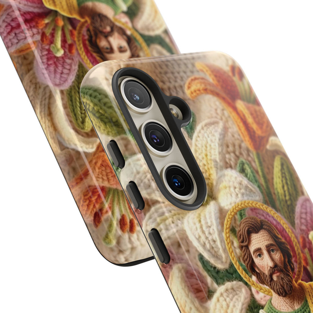 Phone Case Saint Joseph Lilies Design Holy Figure Phone Cover Faith Based Faux Yarn Saint of Workers Gift Samsung iPhone Pixel Models