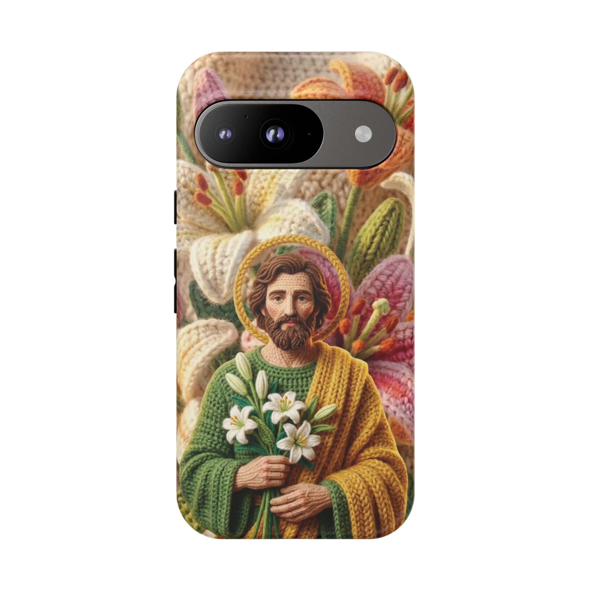 Phone Case Saint Joseph Lilies Design Holy Figure Phone Cover Faith Based Faux Yarn Saint of Workers Gift Samsung iPhone Pixel Models