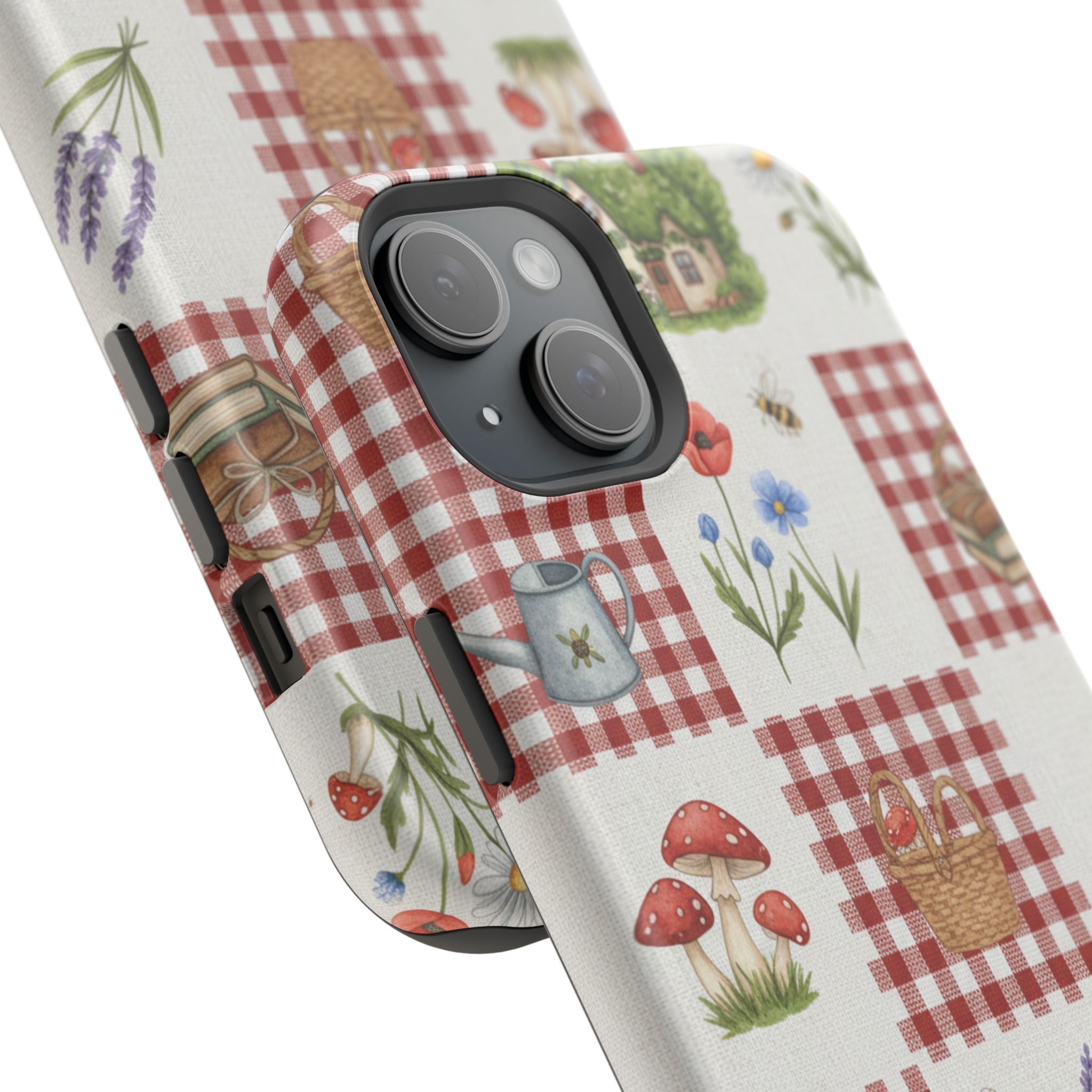 Red Gingham Check Phone Case Rustic Farmhouse Theme Watercolor Countryside Print Whimsical Floral Cell Phone Cover