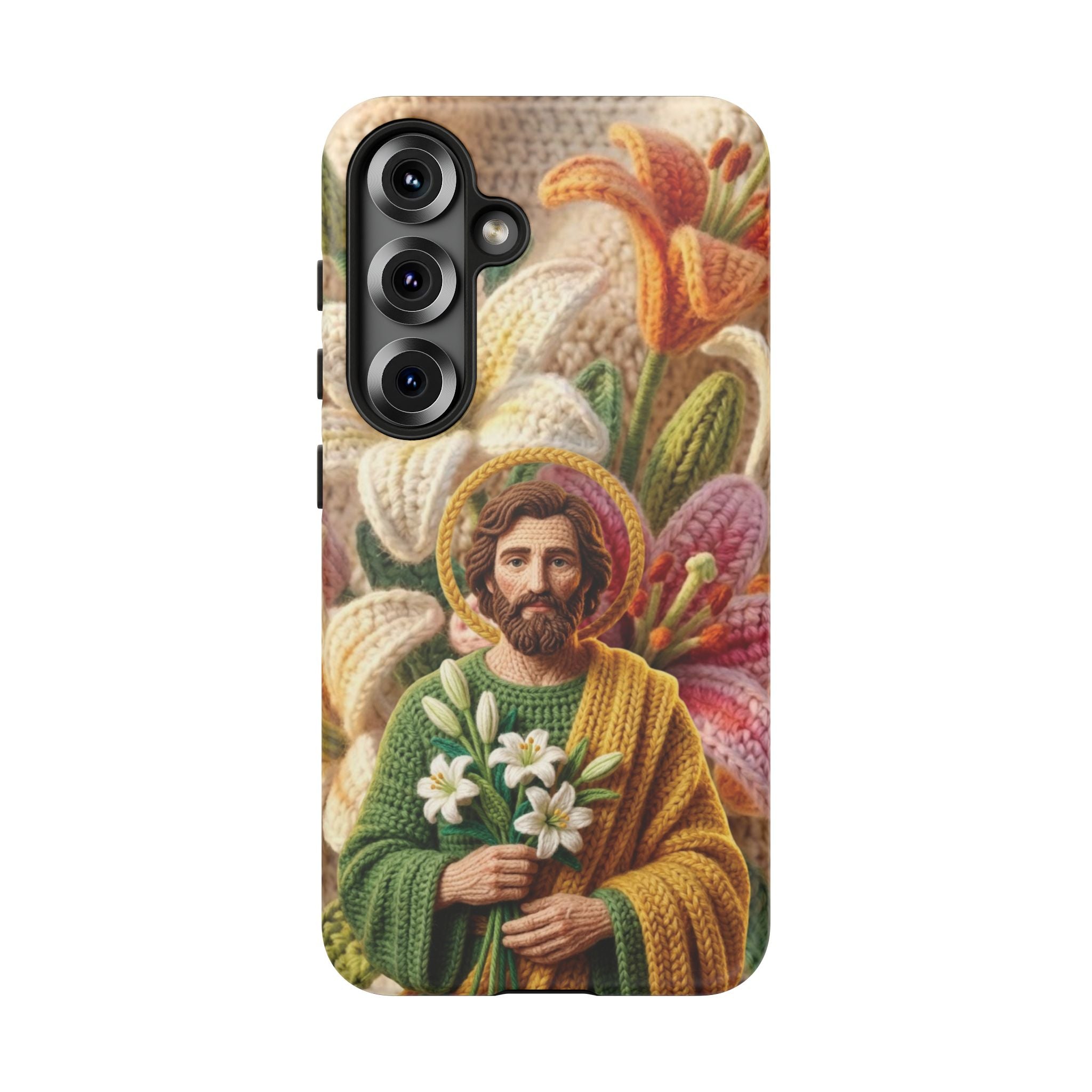 Phone Case Saint Joseph Lilies Design Holy Figure Phone Cover Faith Based Faux Yarn Saint of Workers Gift Samsung iPhone Pixel Models