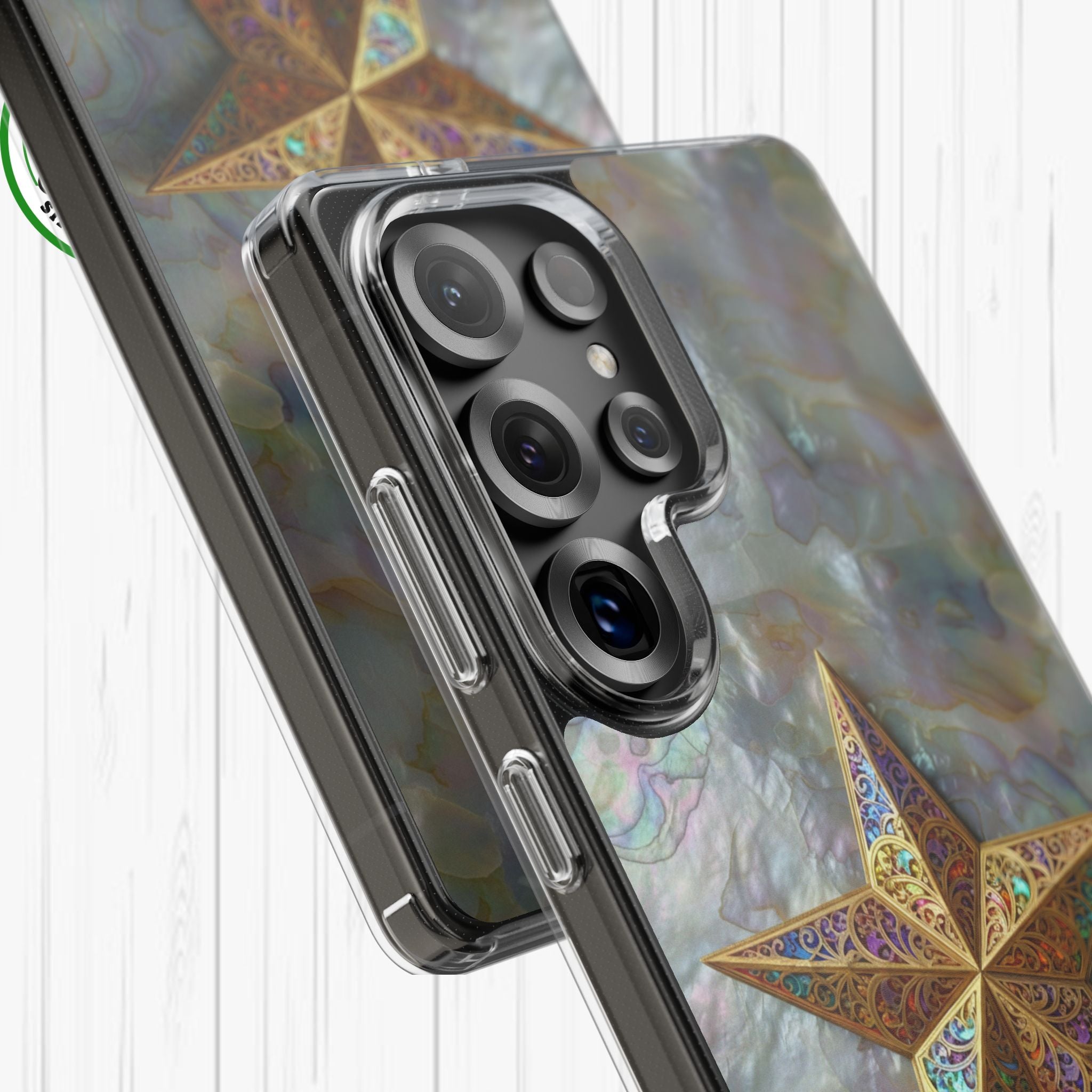 Golden Star Ornament Phone Case Mother of Pearl Background Nacre Texture Festive Celestial Decor Parol Inspired Shimmering Pearl Shell Gift