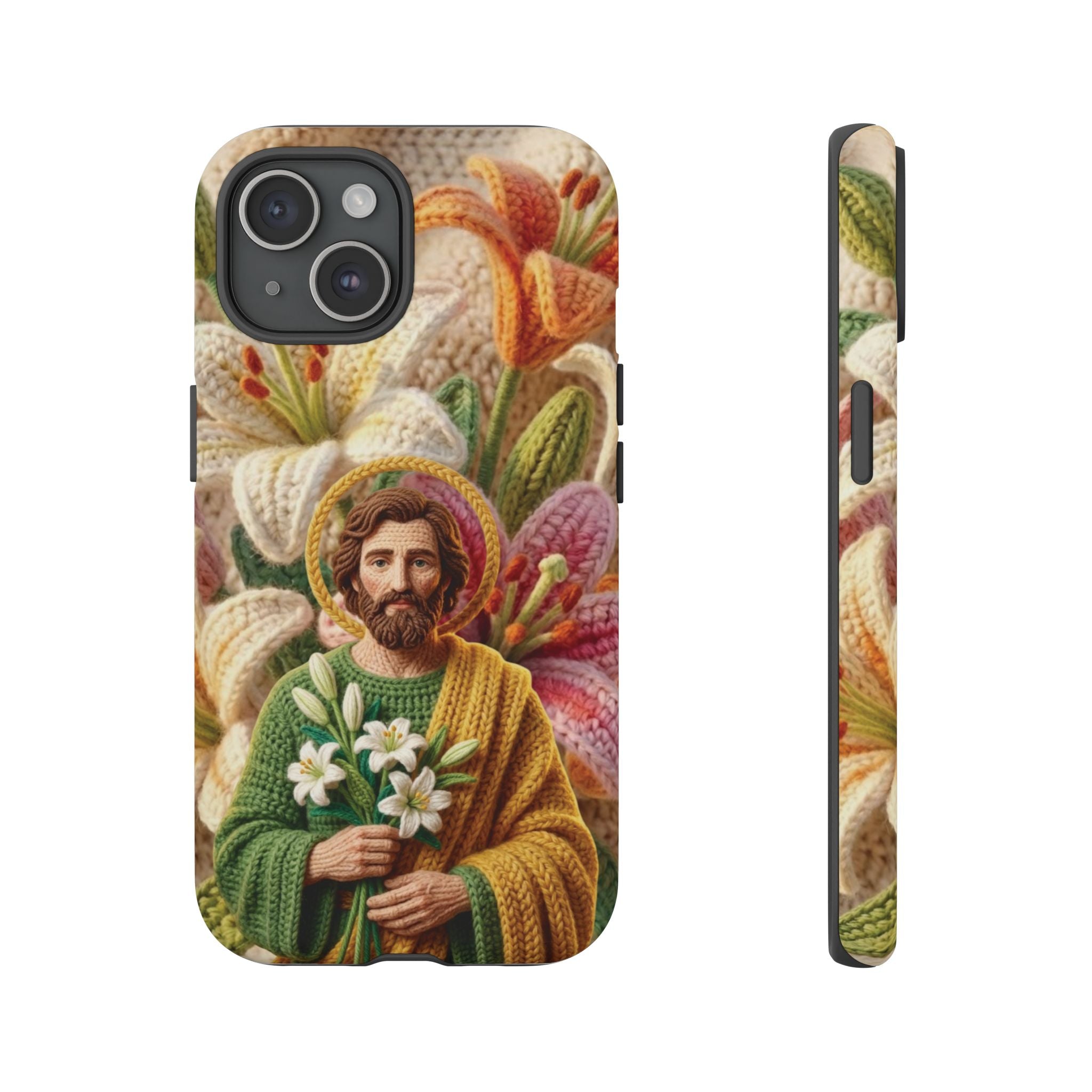 Phone Case Saint Joseph Lilies Design Holy Figure Phone Cover Faith Based Faux Yarn Saint of Workers Gift Samsung iPhone Pixel Models