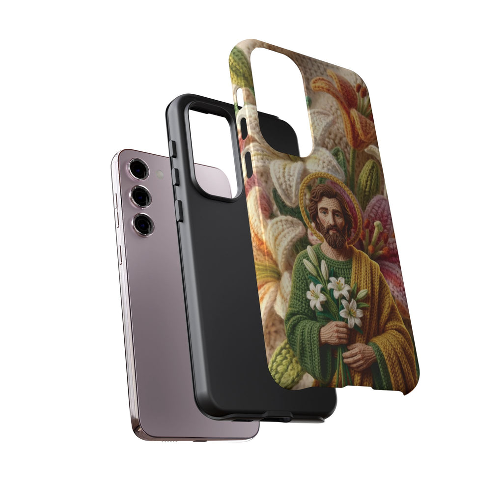 Phone Case Saint Joseph Lilies Design Holy Figure Phone Cover Faith Based Faux Yarn Saint of Workers Gift Samsung iPhone Pixel Models