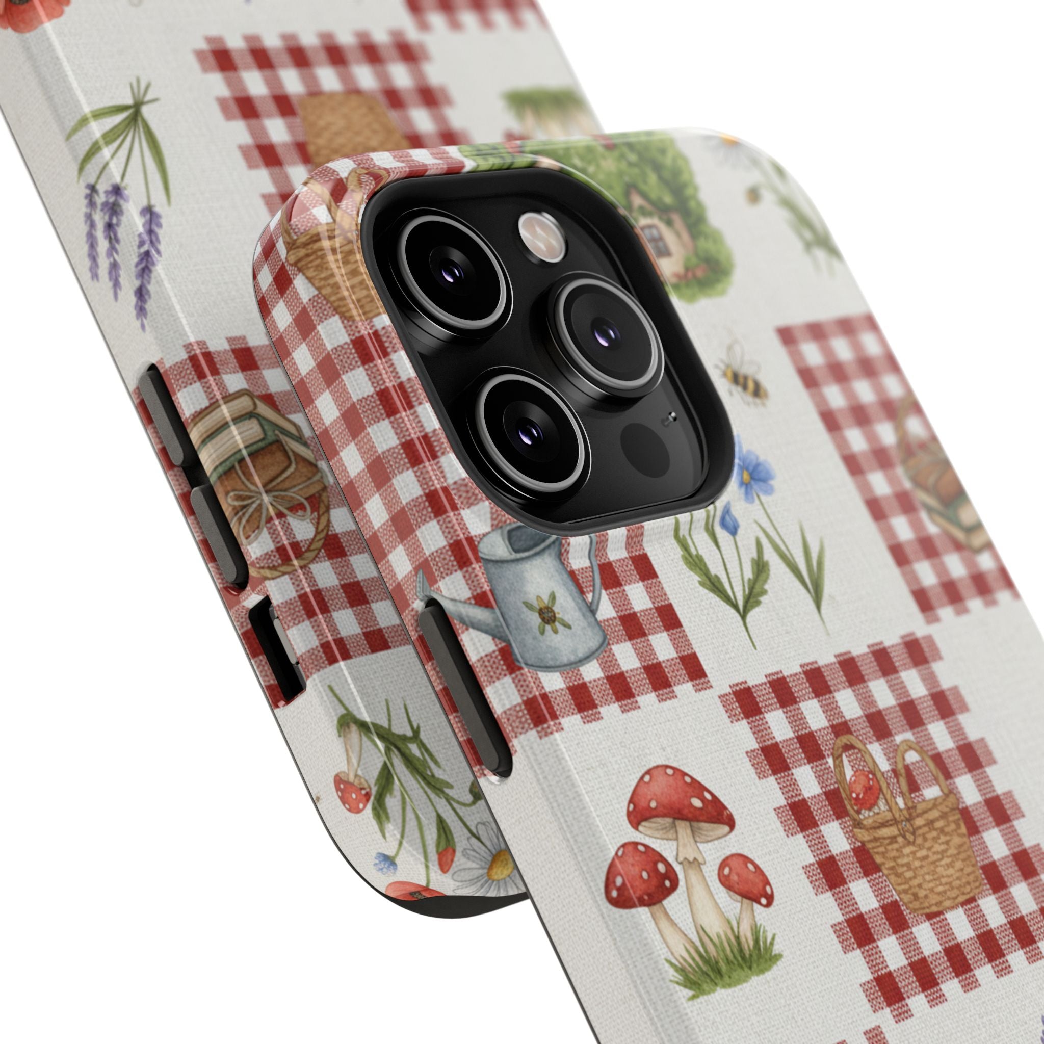 Red Gingham Check Phone Case Rustic Farmhouse Theme Watercolor Countryside Print Whimsical Floral Cell Phone Cover
