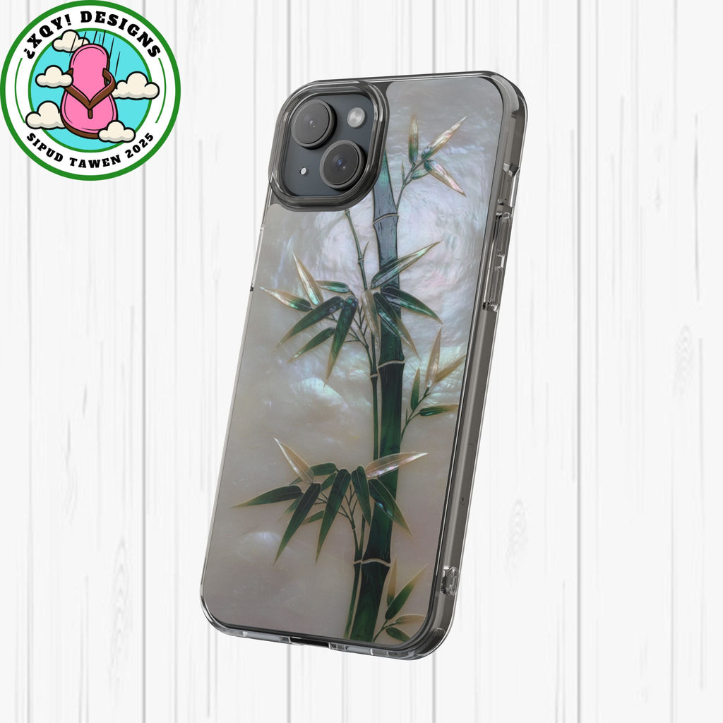 Mother of Pearl Inlay Bamboo Phone Case Nacre Art Green Bamboo Decor Handmade Pearl Shell Unique Iridescent Cover Natural Gift Idea