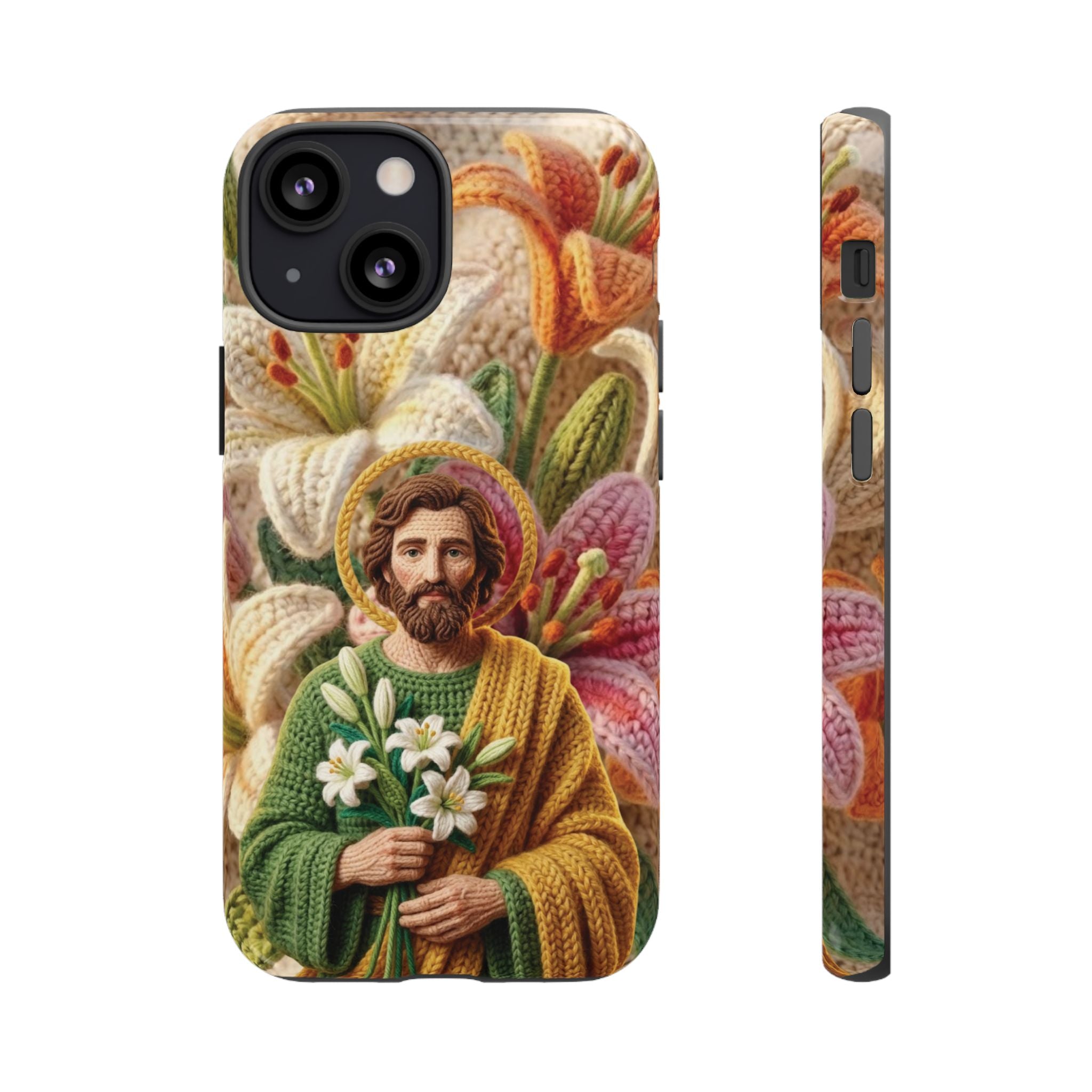 Phone Case Saint Joseph Lilies Design Holy Figure Phone Cover Faith Based Faux Yarn Saint of Workers Gift Samsung iPhone Pixel Models
