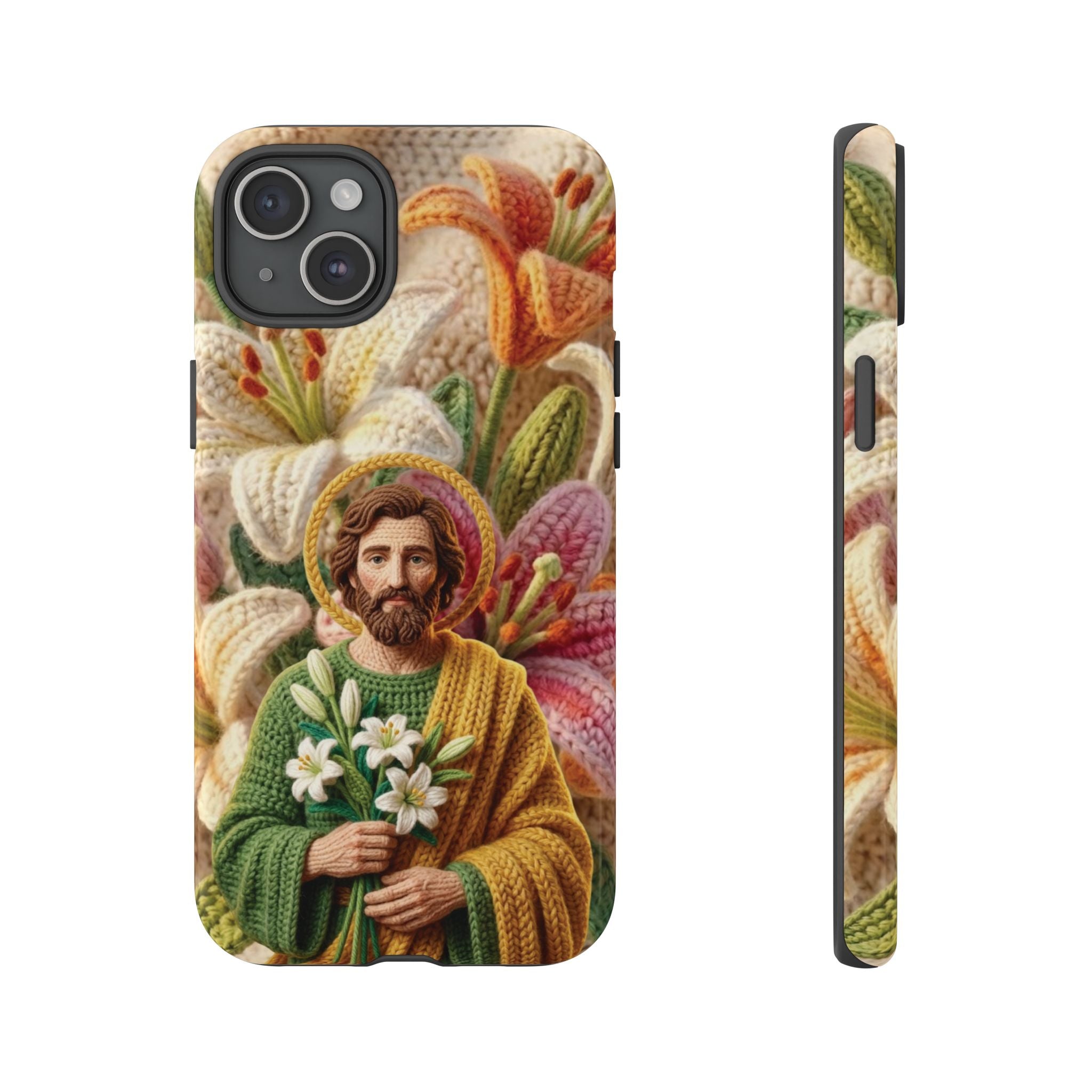 Phone Case Saint Joseph Lilies Design Holy Figure Phone Cover Faith Based Faux Yarn Saint of Workers Gift Samsung iPhone Pixel Models