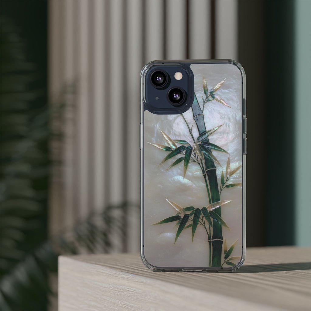 Mother of Pearl Inlay Bamboo Phone Case Nacre Art Green Bamboo Decor Handmade Pearl Shell Unique Iridescent Cover Natural Gift Idea